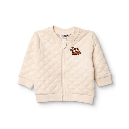 HelloBaby Boys Quilted Cardigan Zip Fastening Little Car Mandarin Collar Long Sleeve - Ecru | Luxury Home Accessories | Heulog Glow