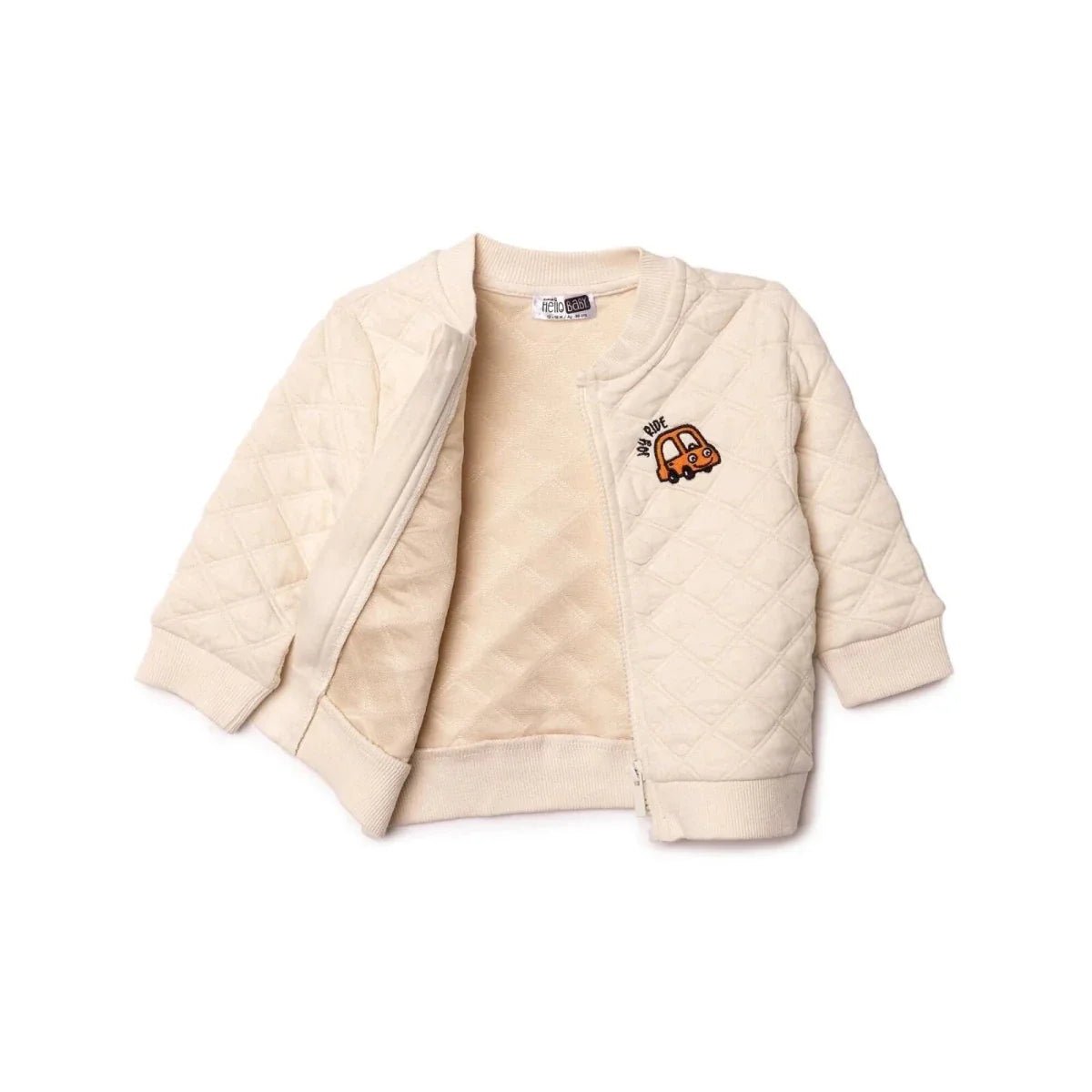 HelloBaby Boys Quilted Cardigan Zip Fastening Little Car Mandarin Collar Long Sleeve - Ecru | Luxury Home Accessories | Heulog Glow