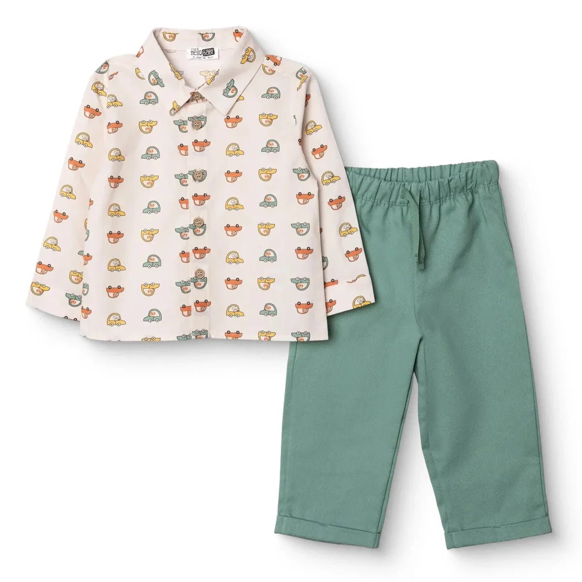 HelloBaby Boys Shirt & Trousers Set Car Print Buttoned Little Car Shirt Collar Full Length Long Slee - Ecru Printed | Luxury Home Accessories | Heulog Glow