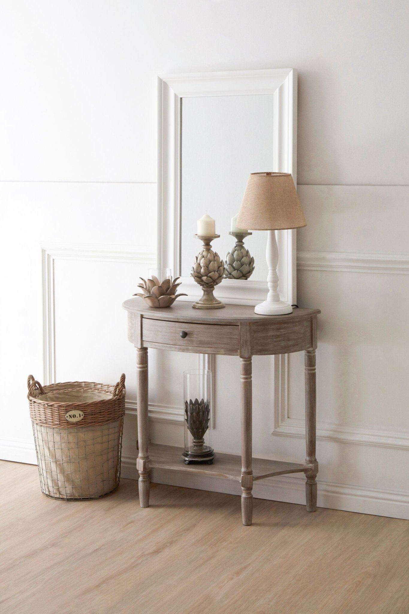 Heritage Natural Wash Half Moon One Drawer Wooden Console Table | Luxury Home Accessories | Heulog Glow