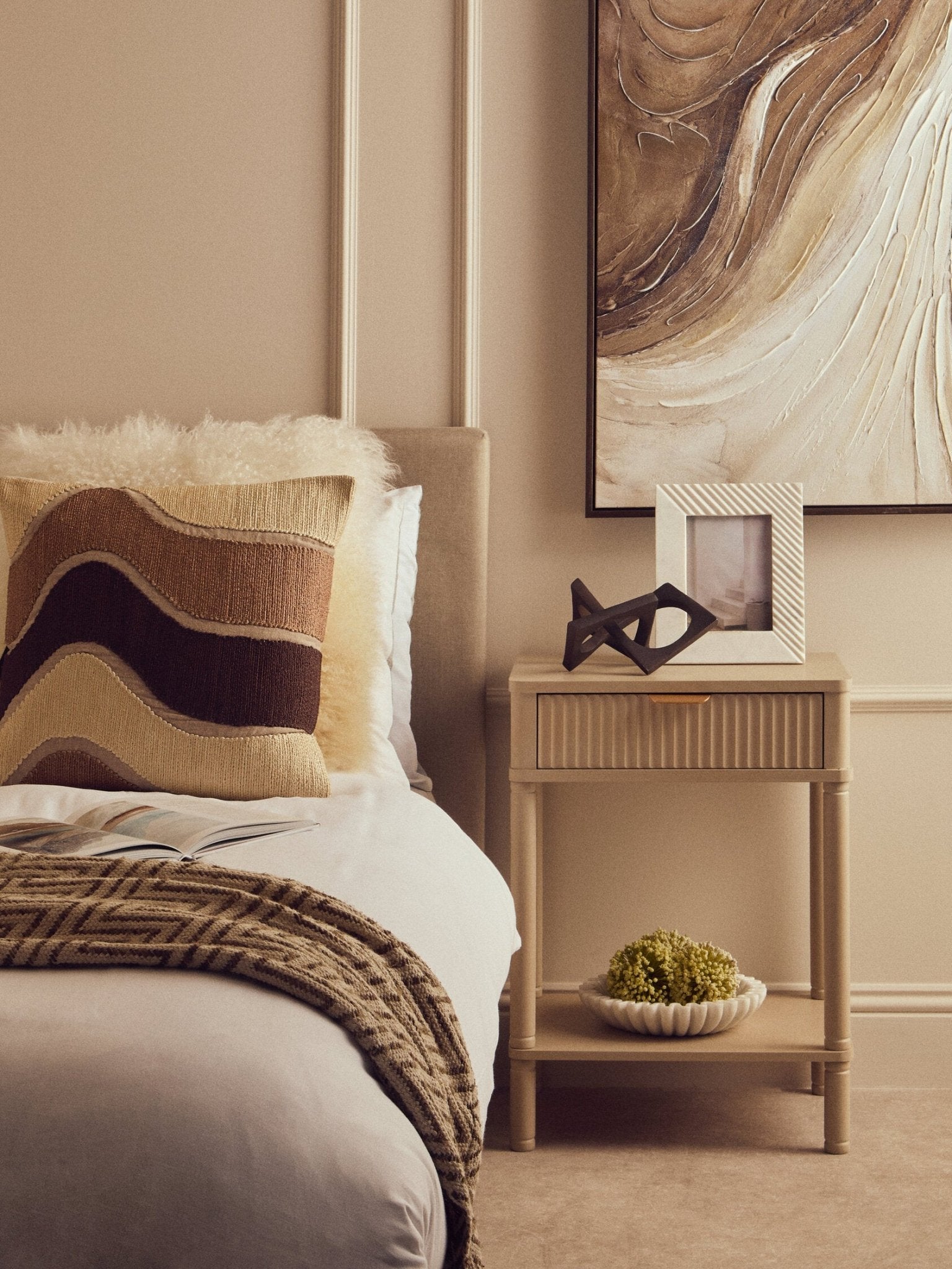 Heritage One Drawer Reed Detail Taupe Wooden Side Table | Luxury Home Accessories | Heulog Glow