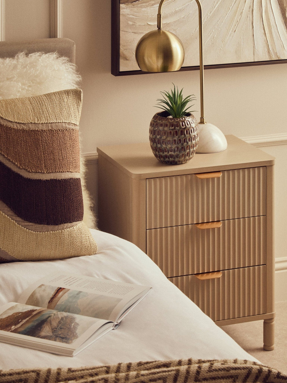 Heritage Reed Detail Taupe Three Drawer Wooden Chest | Luxury Home Accessories | Heulog Glow