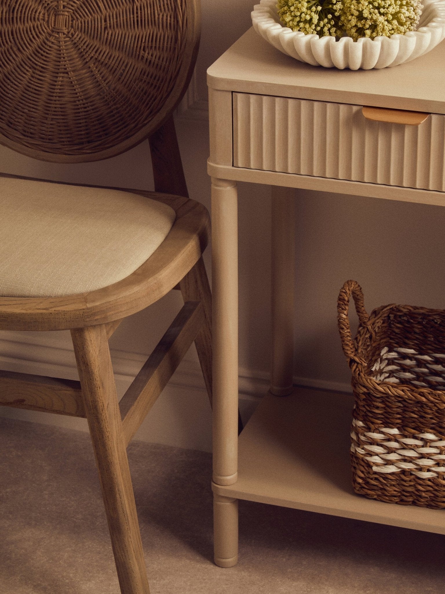 Heritage Two Drawer Reed Detail Taupe Wooden Console Table | Luxury Home Accessories | Heulog Glow