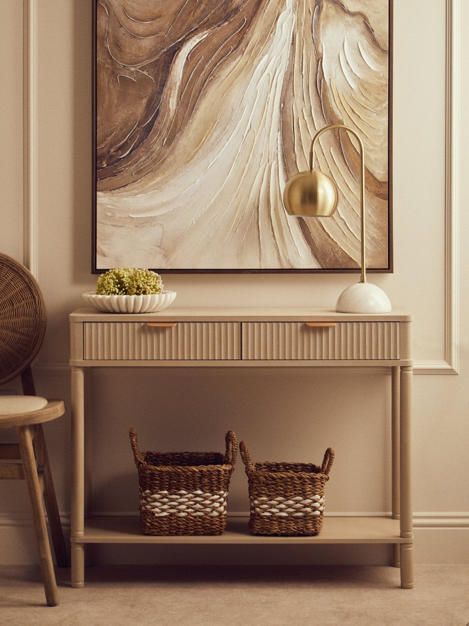 Heritage Two Drawer Reed Detail Taupe Wooden Console Table | Luxury Home Accessories | Heulog Glow