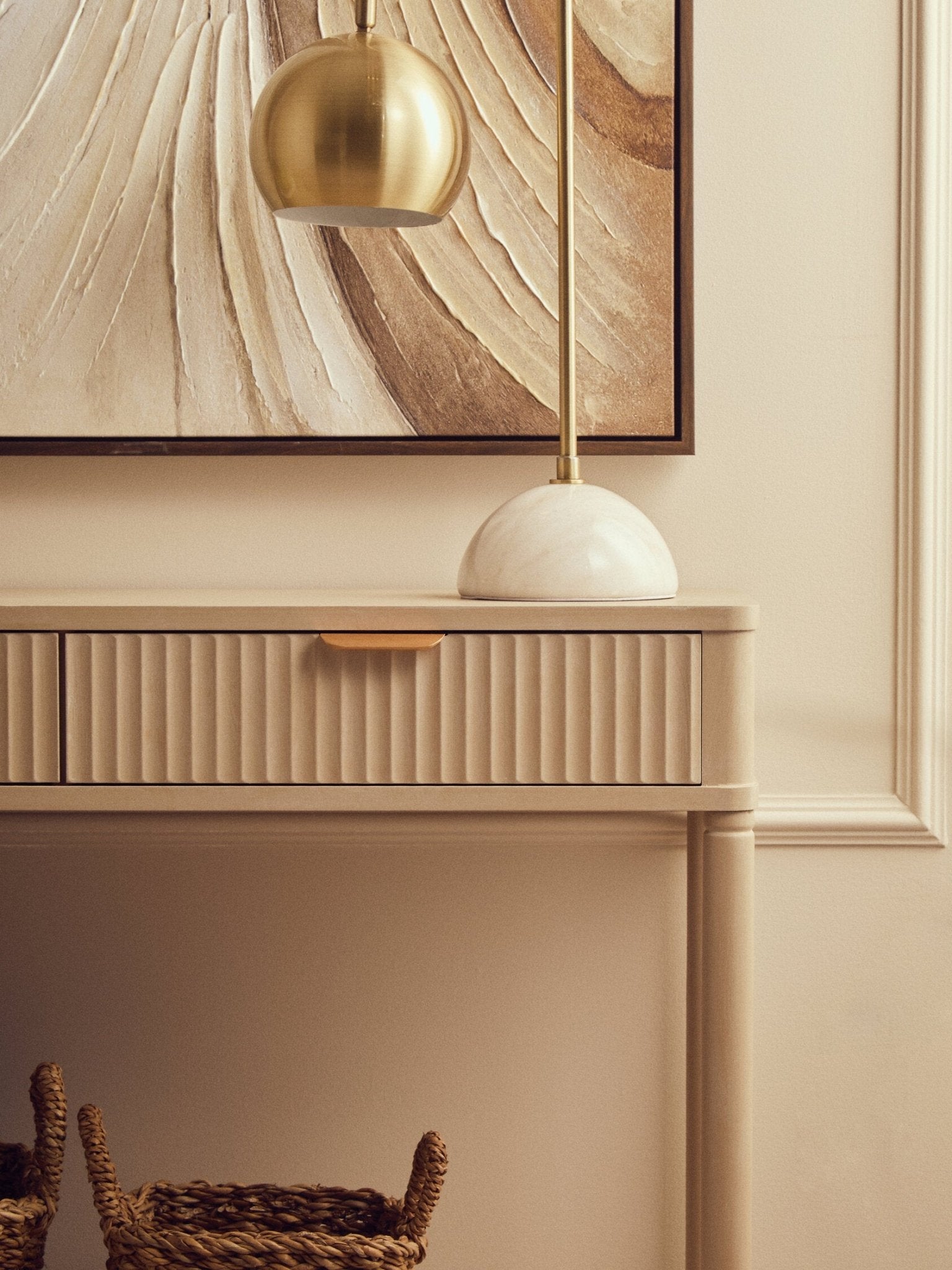 Heritage Two Drawer Reed Detail Taupe Wooden Console Table | Luxury Home Accessories | Heulog Glow