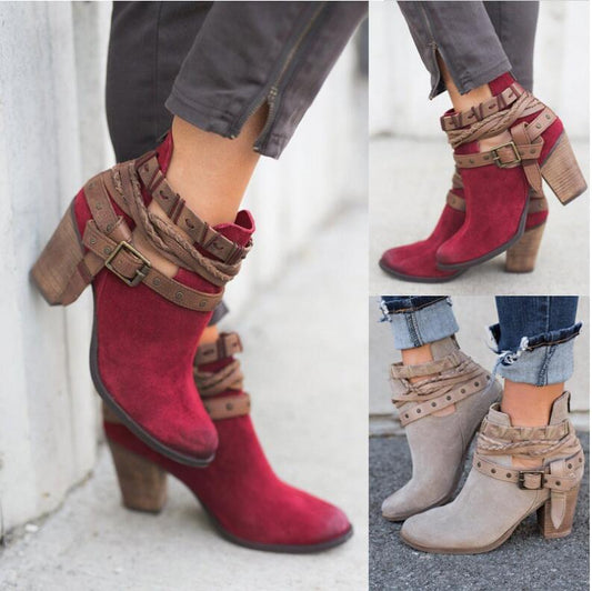 High-heeled Martin boots rivet belt buckle thick with round head boots | Luxury Home Accessories | Heulog Glow