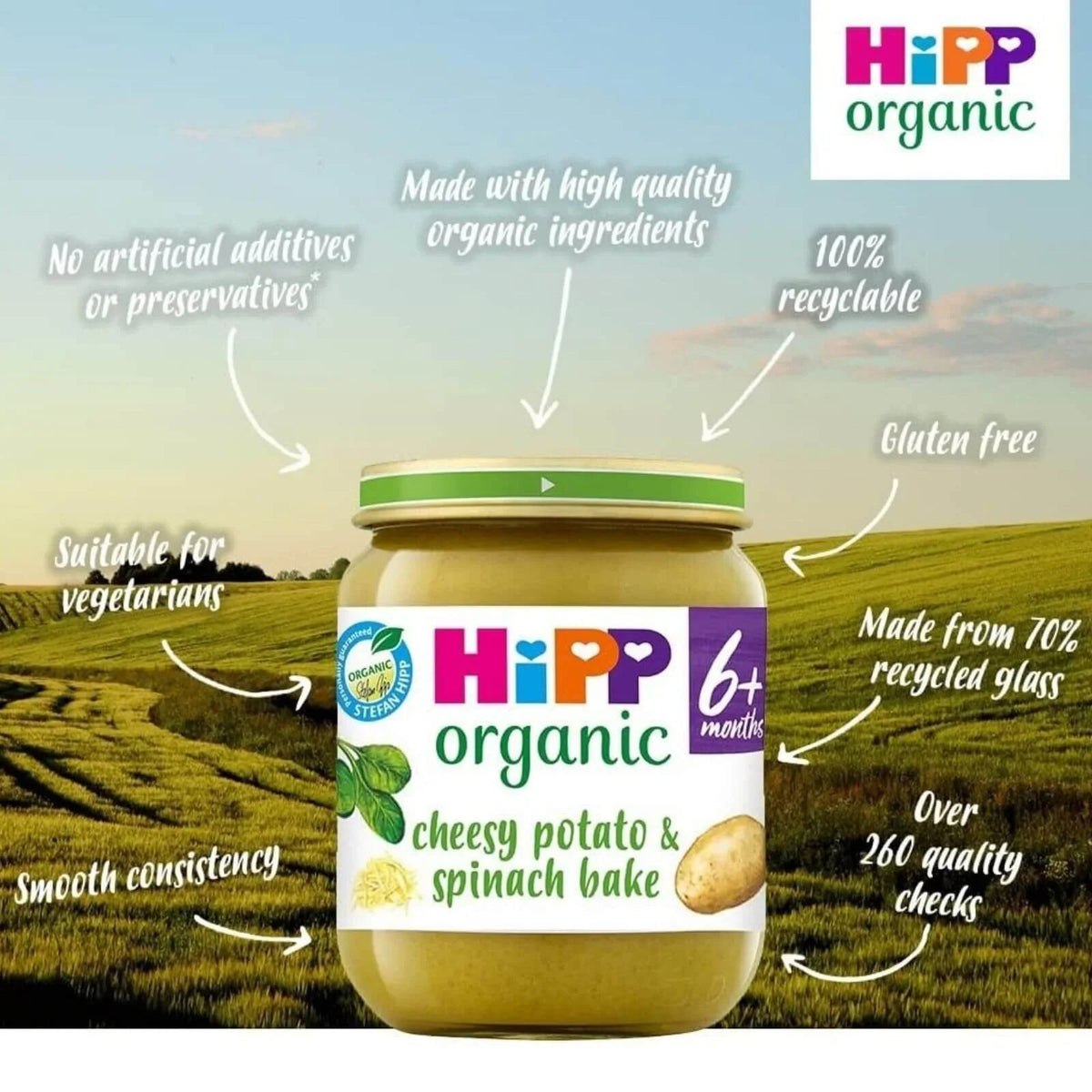 HiPP Organic Cheesy Potato & Spinach Bake Baby Food Jar 6+ months 125g | Luxury Home Accessories | Heulog Glow