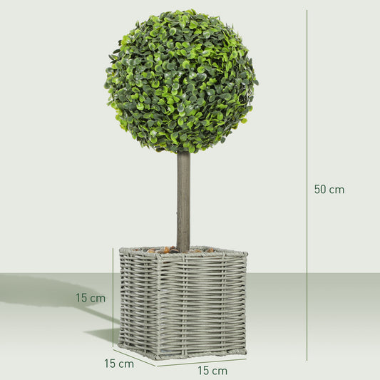 HOMCOM Set of 2 Decorative Artificial Plants, 50cm Faux Boxwood Topiary Balls with Woven Plastic Pot and Pebbles, Fake Plants for Home or Office Decor, Green