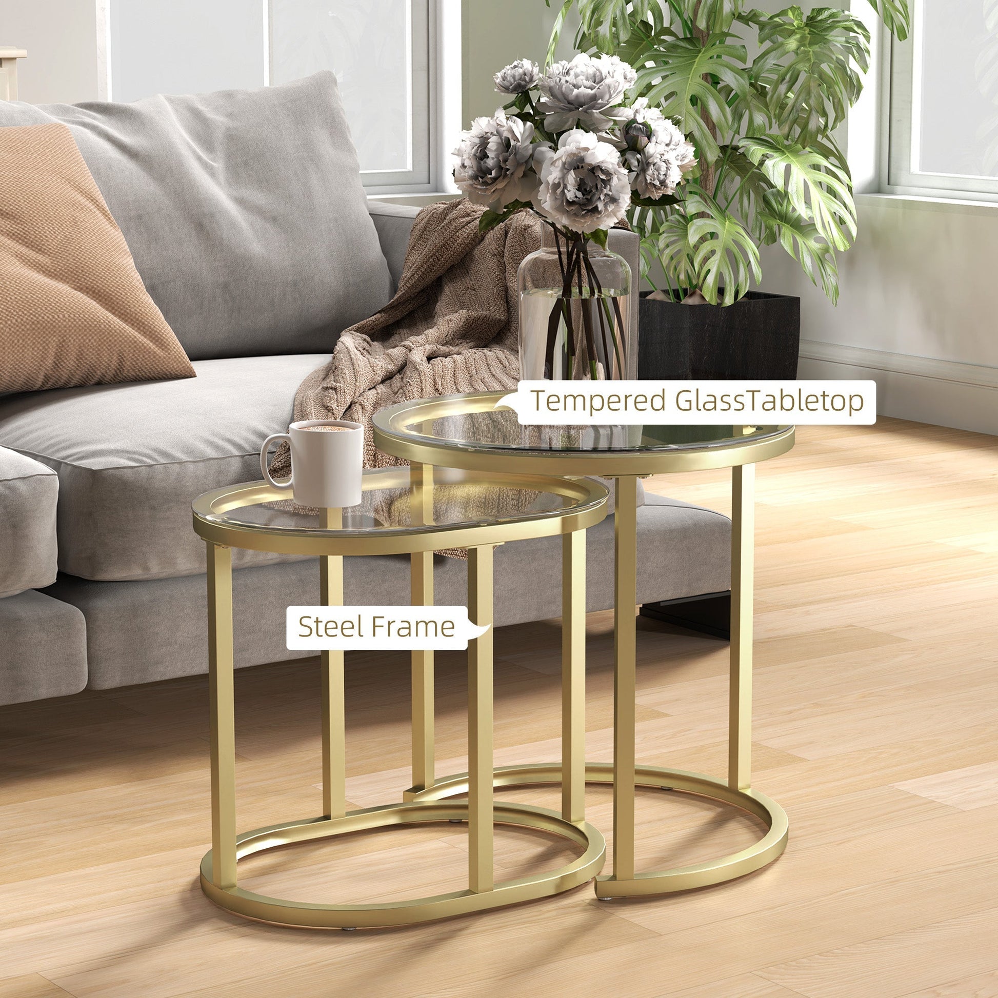 HOMCOM 2 Pcs Modern Coffee Table with Tempered Glass Side Tables Clear | Luxury Home Accessories | Heulog Glow