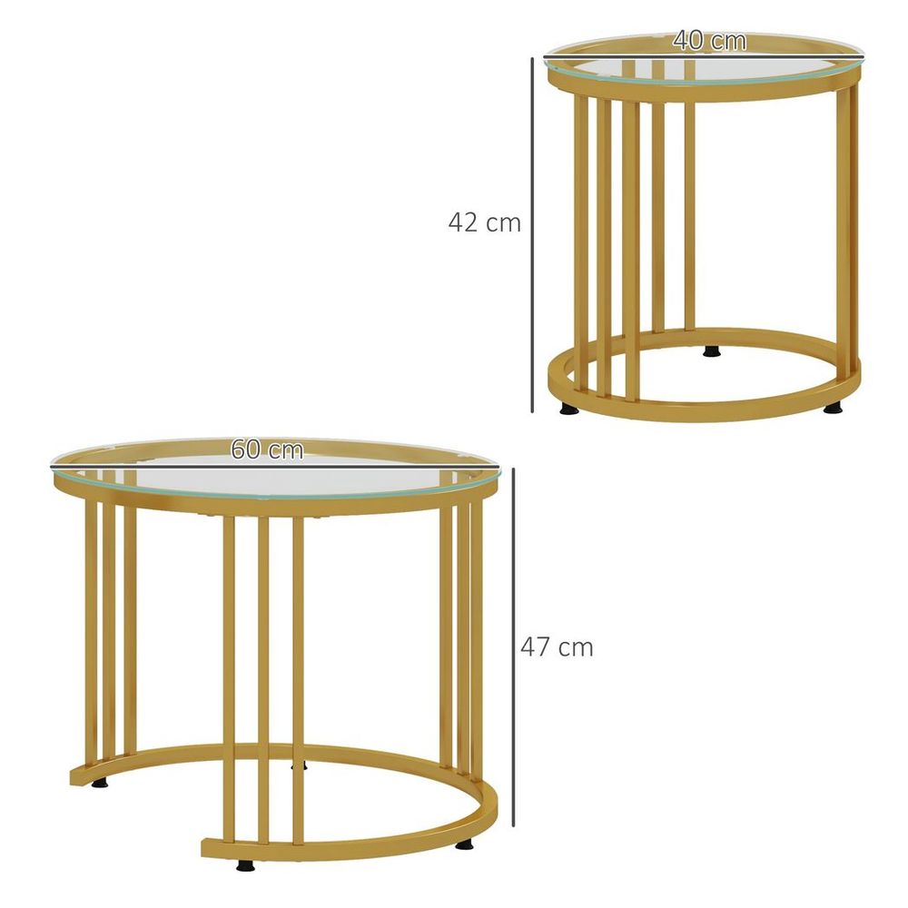 HOMCOM 2 Pieces Round Nesting Coffee Tables with Tempered Glass Top, Gold Tone | Luxury Home Accessories | Heulog Glow