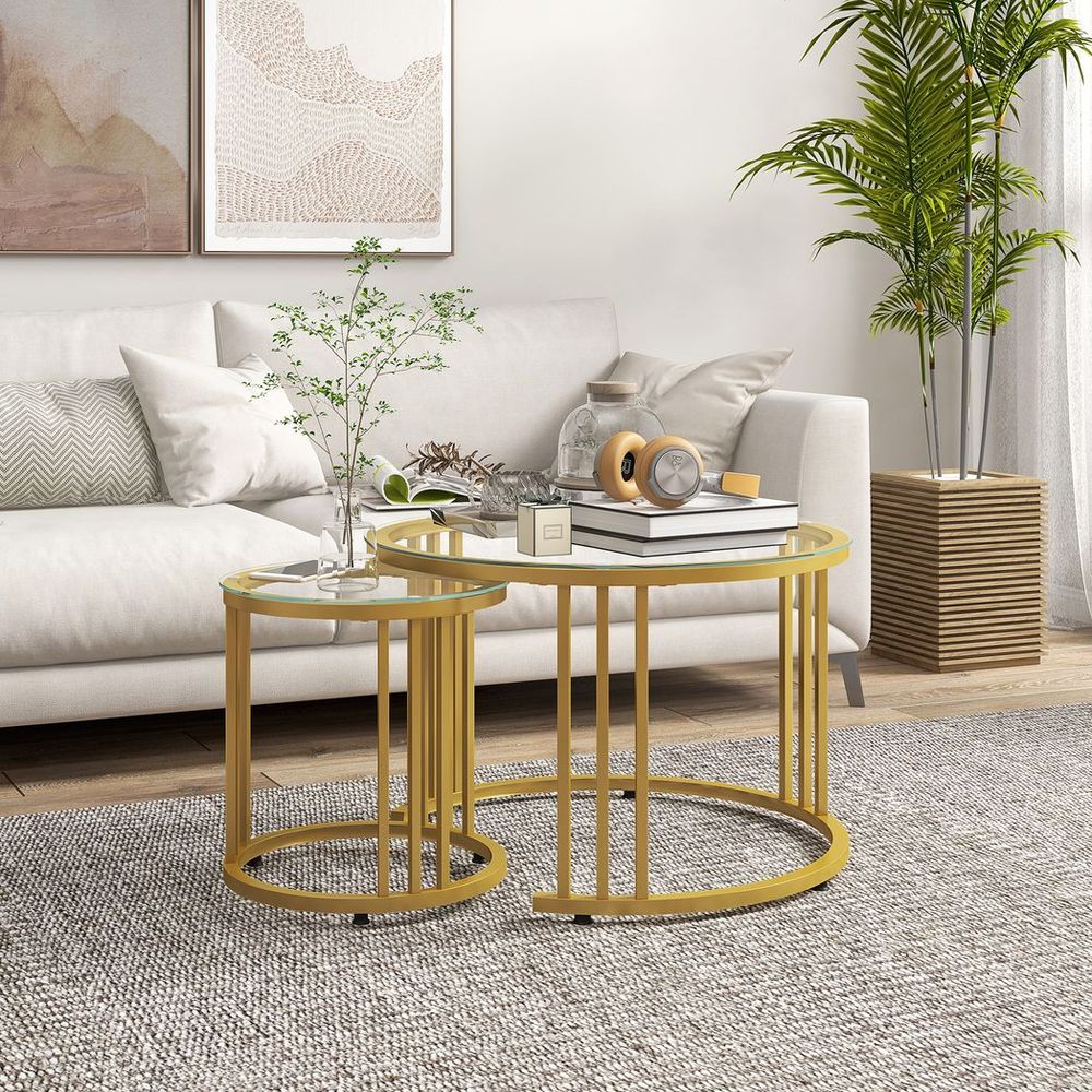 HOMCOM 2 Pieces Round Nesting Coffee Tables with Tempered Glass Top, Gold Tone | Luxury Home Accessories | Heulog Glow