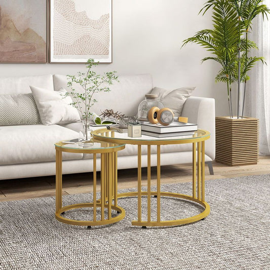 HOMCOM 2 Pieces Round Nesting Coffee Tables with Tempered Glass Top, Gold Tone | Luxury Home Accessories | Heulog Glow
