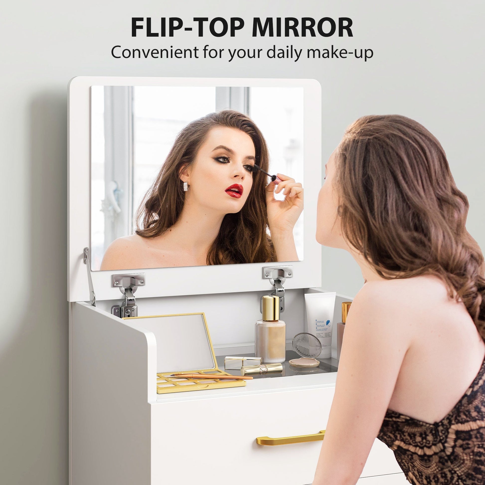 HOMCOM 3 in 1 Dressing Table with Flip-top Mirror and Rolling Stool, Modern Vanity Desk with Visible Glass Tabletop, Drawers and Side Hook, Makeup Table with Cushioned Storage Stool for Bedroom, White | Luxury Home Accessories | Heulog Glow