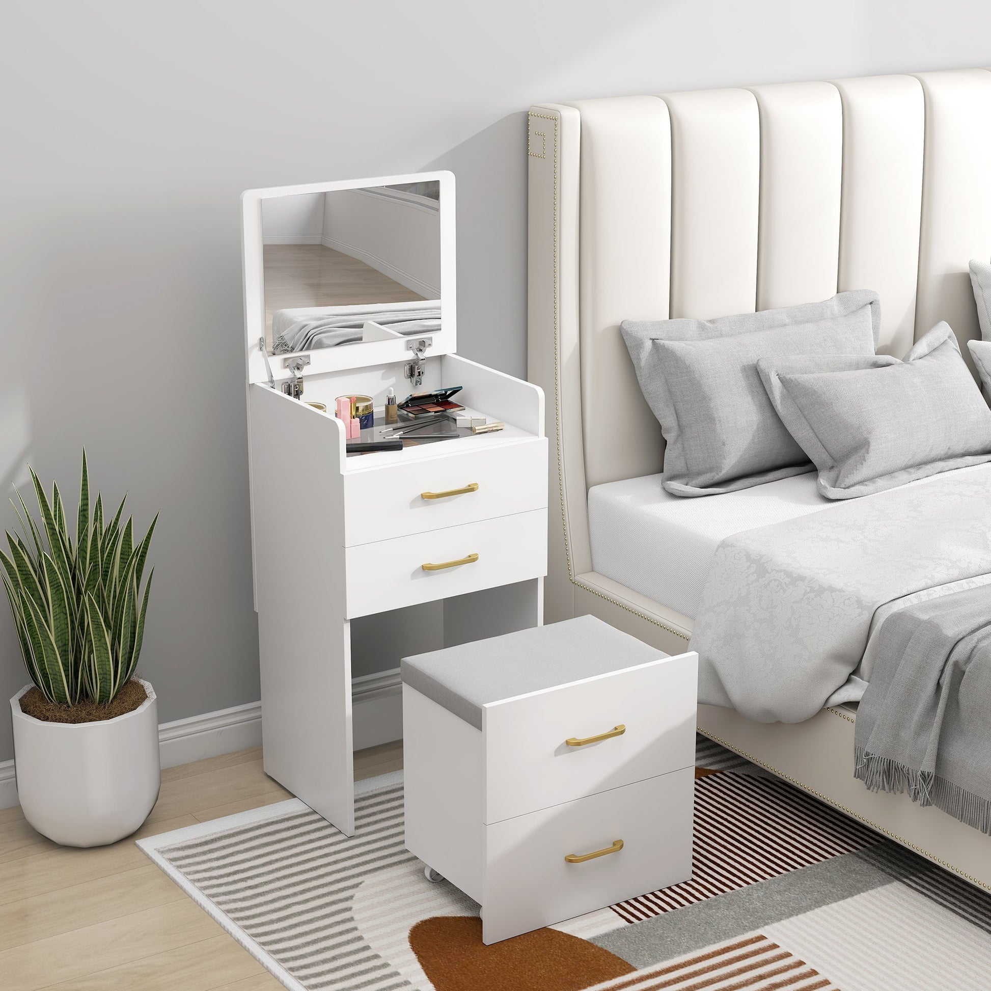 HOMCOM 3 in 1 Dressing Table with Flip-top Mirror and Rolling Stool, Modern Vanity Desk with Visible Glass Tabletop, Drawers and Side Hook, Makeup Table with Cushioned Storage Stool for Bedroom, White | Luxury Home Accessories | Heulog Glow