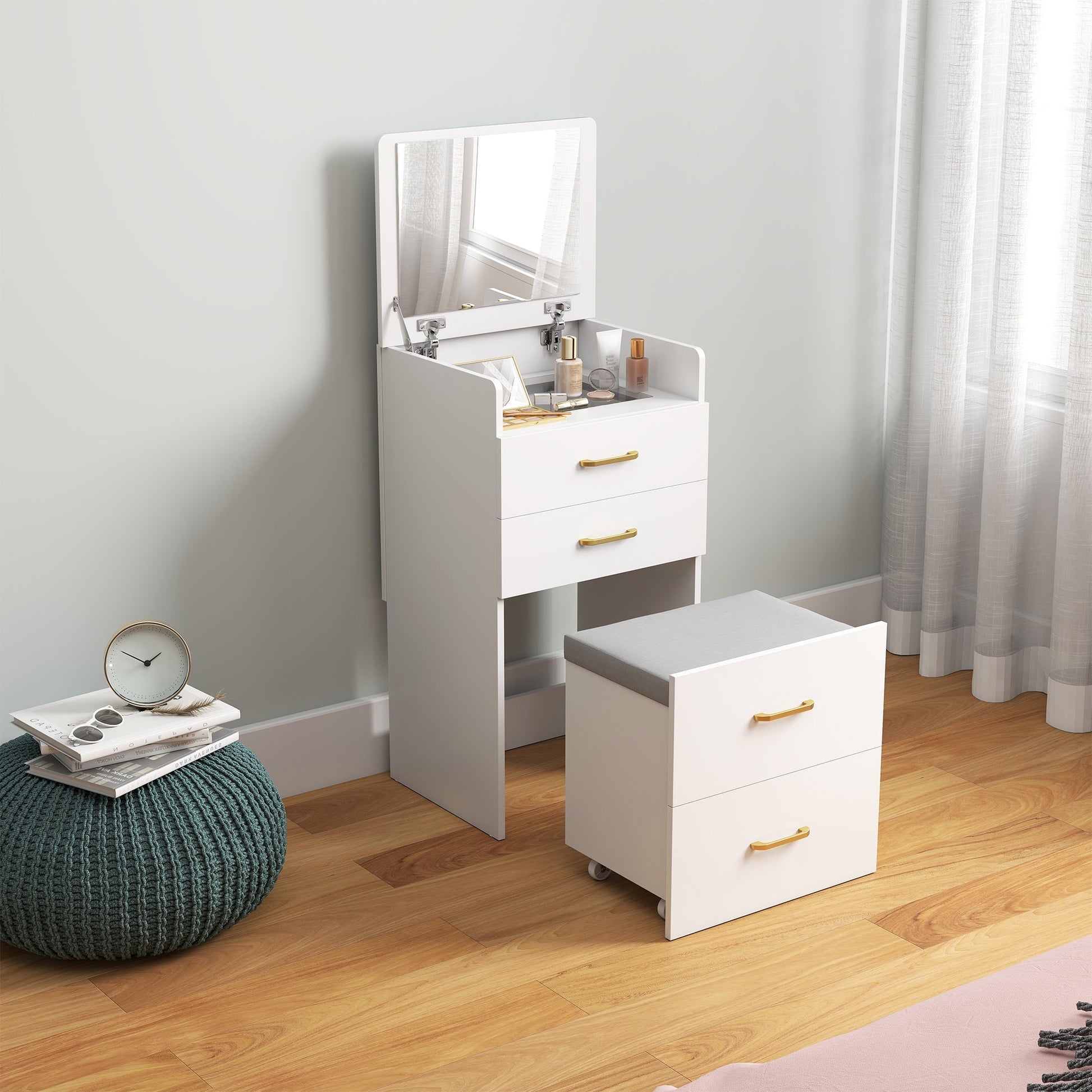HOMCOM 3 in 1 Dressing Table with Flip-top Mirror and Rolling Stool, Modern Vanity Desk with Visible Glass Tabletop, Drawers and Side Hook, Makeup Table with Cushioned Storage Stool for Bedroom, White | Luxury Home Accessories | Heulog Glow