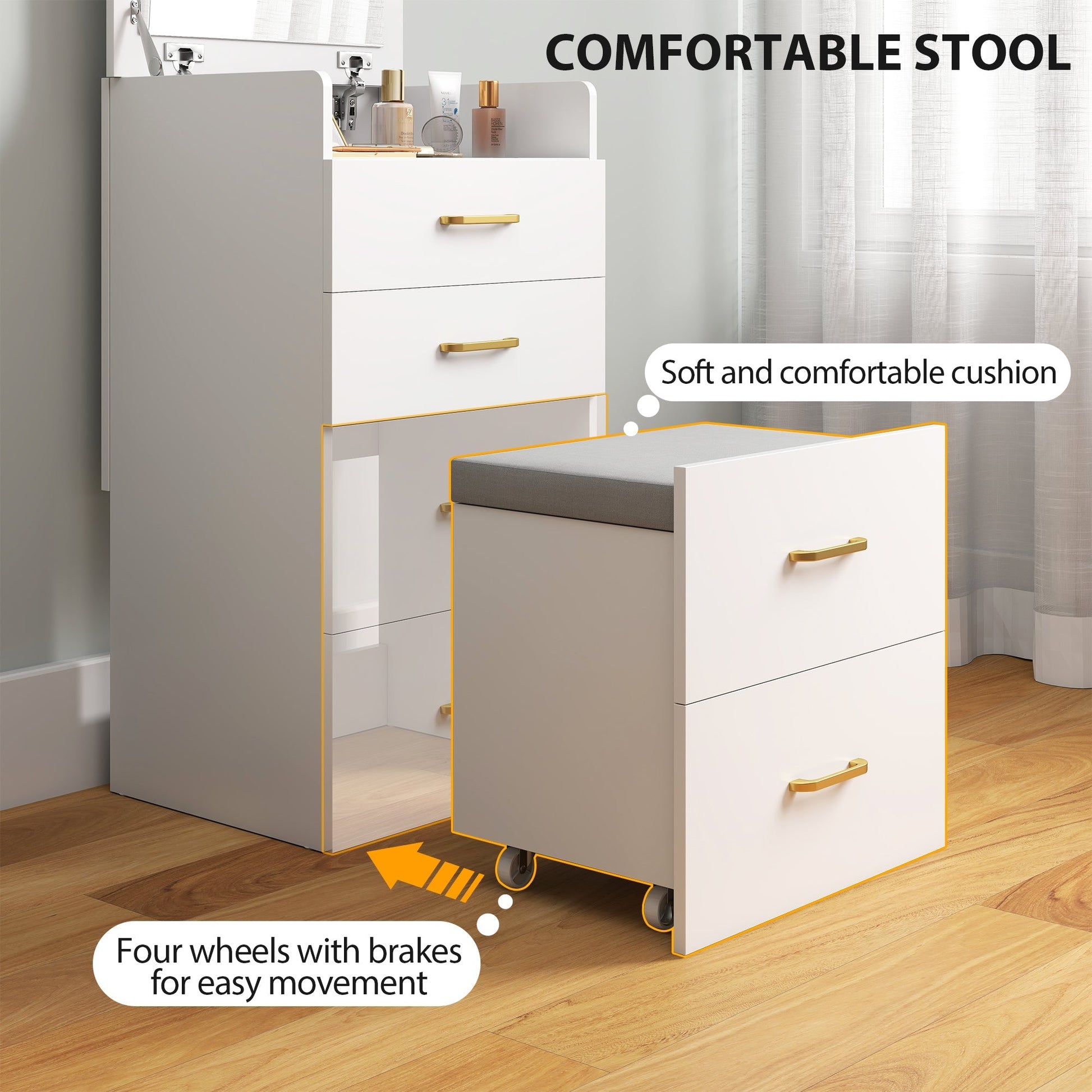 HOMCOM 3 in 1 Dressing Table with Flip-top Mirror and Rolling Stool, Modern Vanity Desk with Visible Glass Tabletop, Drawers and Side Hook, Makeup Table with Cushioned Storage Stool for Bedroom, White | Luxury Home Accessories | Heulog Glow