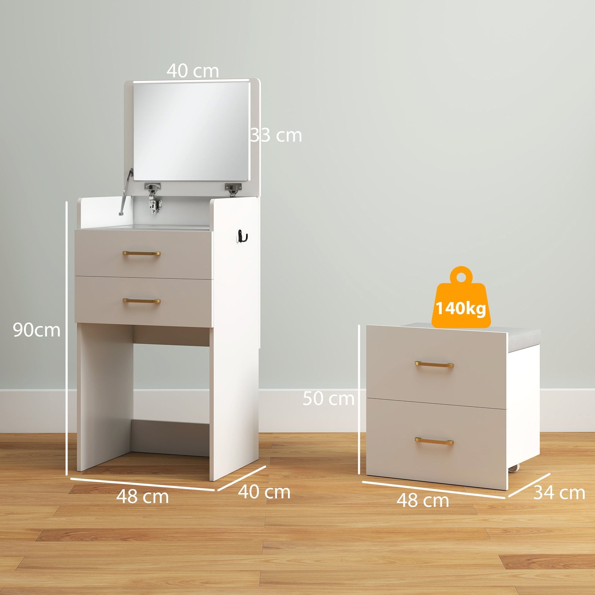 HOMCOM 3 in 1 Dressing Table with Flip-top Mirror and Rolling Stool, Modern Vanity Desk with Visible Glass Tabletop, Drawers and Side Hook, Makeup Table with Cushioned Storage Stool for Bedroom, White | Luxury Home Accessories | Heulog Glow