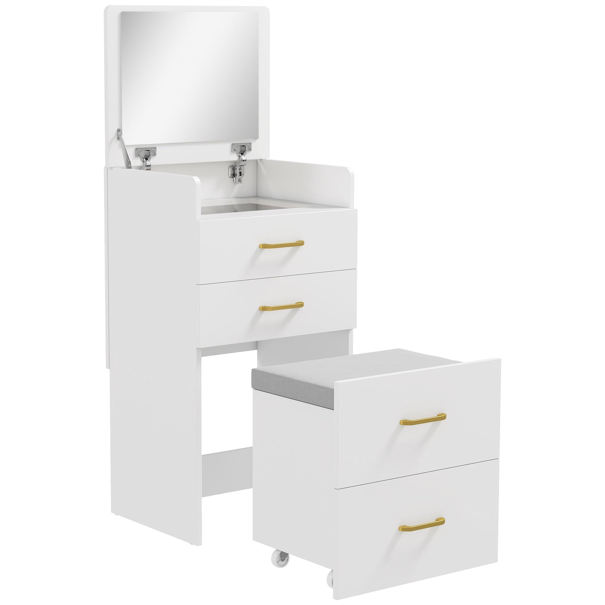 HOMCOM 3 in 1 Dressing Table with Flip-top Mirror and Rolling Stool, Modern Vanity Desk with Visible Glass Tabletop, Drawers and Side Hook, Makeup Table with Cushioned Storage Stool for Bedroom, White | Luxury Home Accessories | Heulog Glow