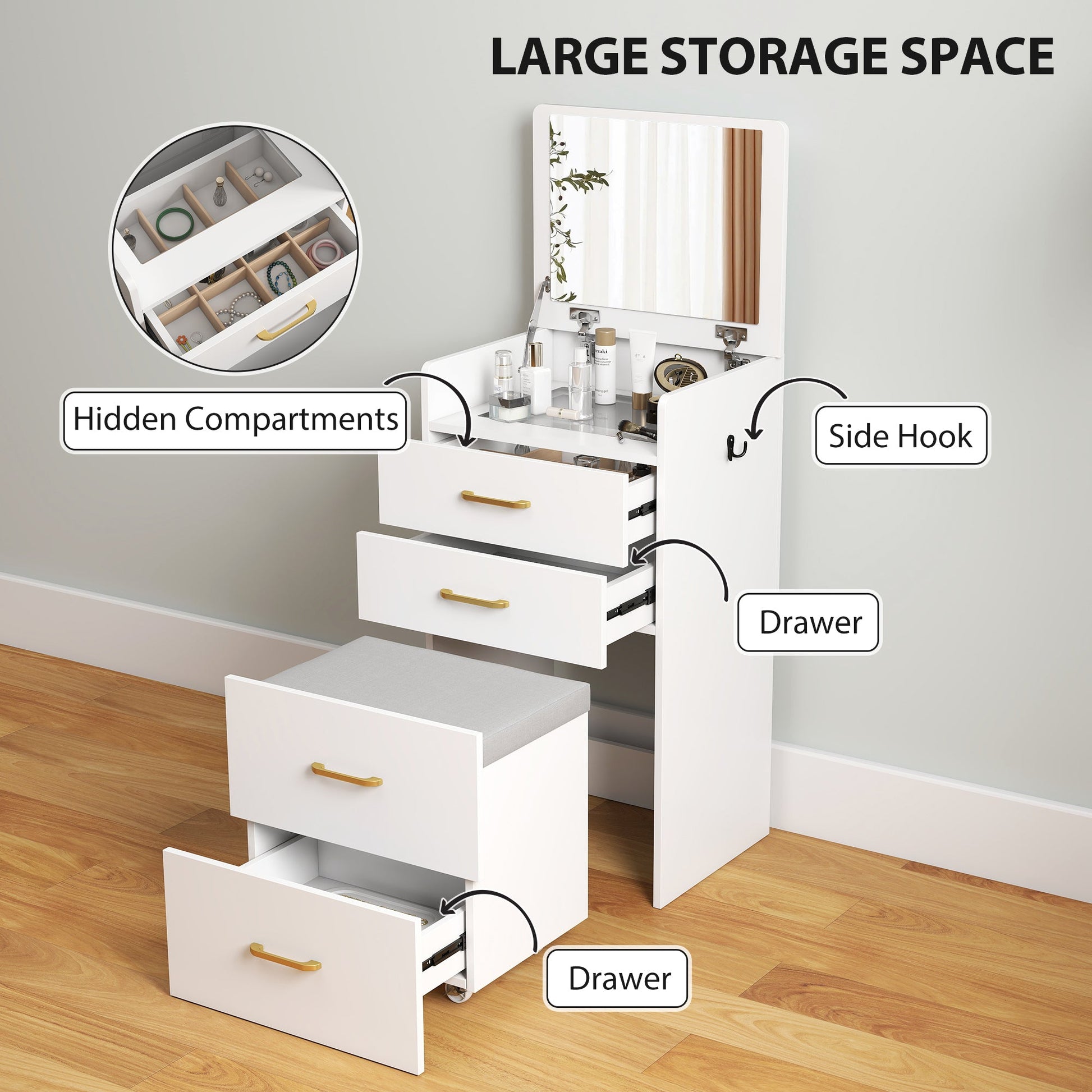 HOMCOM 3 in 1 Dressing Table with Flip-top Mirror and Rolling Stool, Modern Vanity Desk with Visible Glass Tabletop, Drawers and Side Hook, Makeup Table with Cushioned Storage Stool for Bedroom, White | Luxury Home Accessories | Heulog Glow