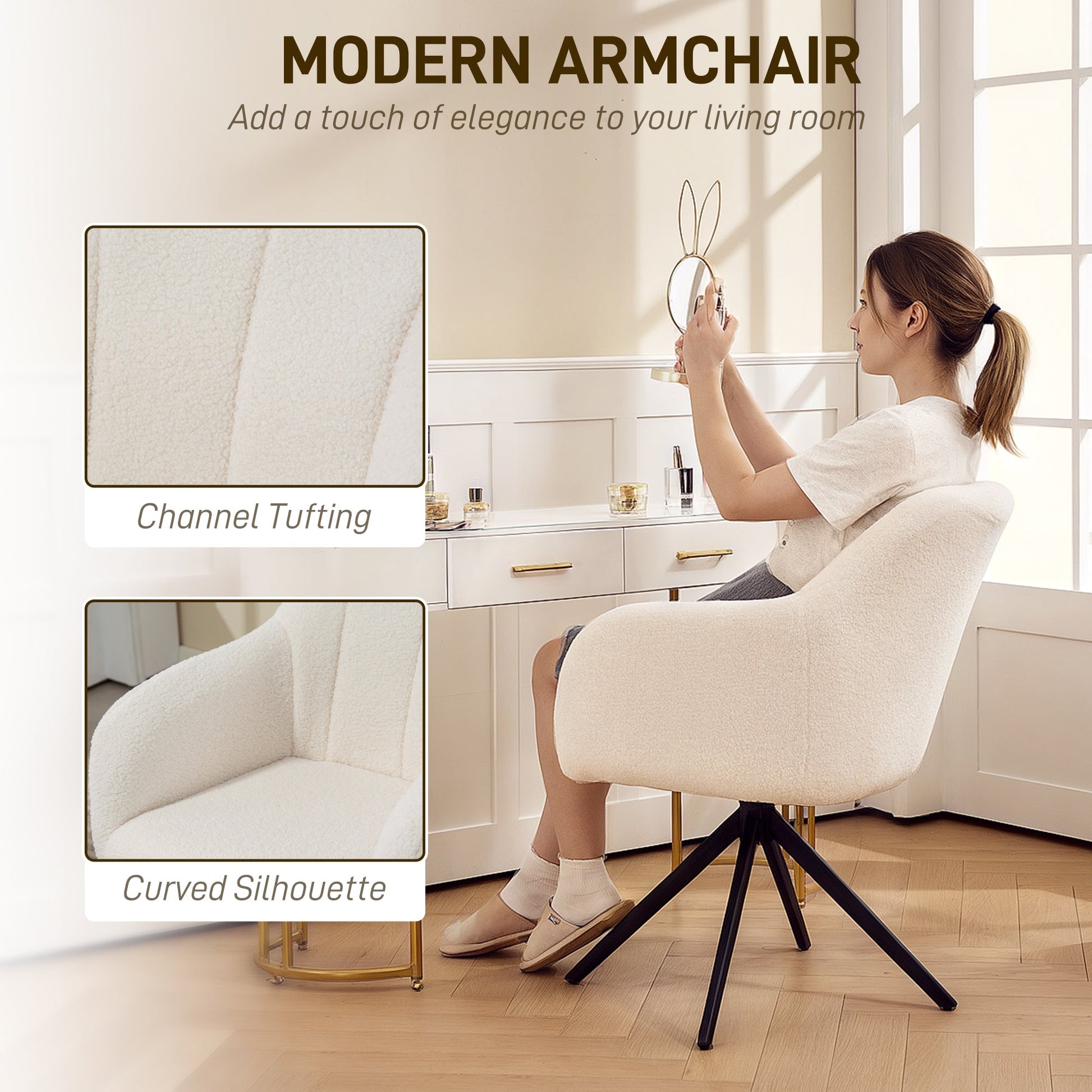 HOMCOM 360 Degree Swivel Accent Chair, Teddy Fleece Fabric Armchair, Upholstered Tufted Vanity Chair with Steel Legs for Living Room, Bedroom, Home Office, White | Luxury Home Accessories | Heulog Glow