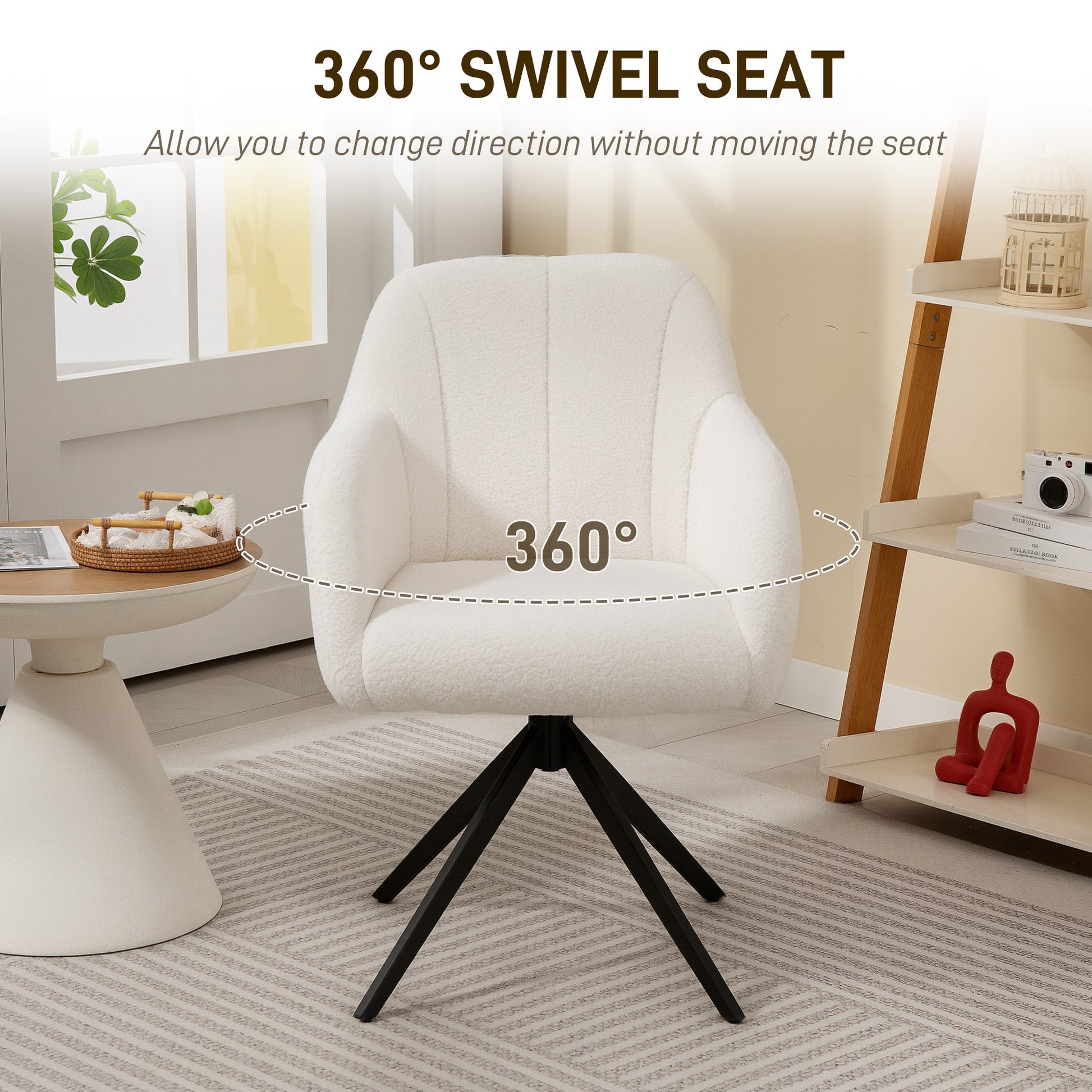 HOMCOM 360 Degree Swivel Accent Chair, Teddy Fleece Fabric Armchair, Upholstered Tufted Vanity Chair with Steel Legs for Living Room, Bedroom, Home Office, White | Luxury Home Accessories | Heulog Glow