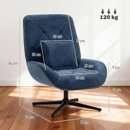 HOMCOM Accent Chair, Chenille Upholstered Swivel Armchair with Lumbar Pillow, High Back, Deep Seat and Metal Legs, Dark Blue | Luxury Home Accessories | Heulog Glow