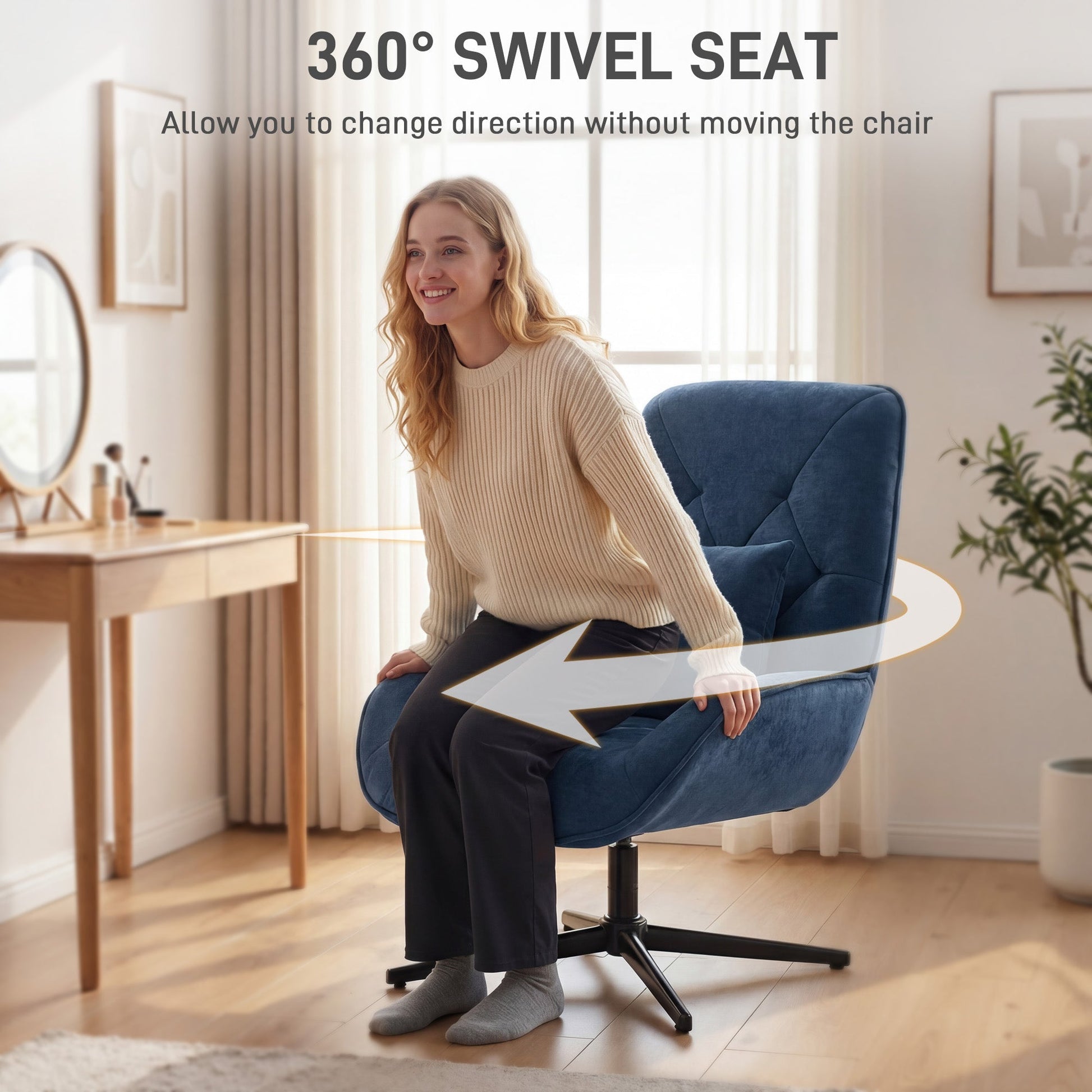 HOMCOM Accent Chair, Chenille Upholstered Swivel Armchair with Lumbar Pillow, High Back, Deep Seat and Metal Legs, Dark Blue | Luxury Home Accessories | Heulog Glow