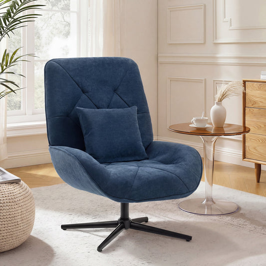 HOMCOM Accent Chair, Chenille Upholstered Swivel Armchair with Lumbar Pillow, High Back, Deep Seat and Metal Legs, Dark Blue | Luxury Home Accessories | Heulog Glow