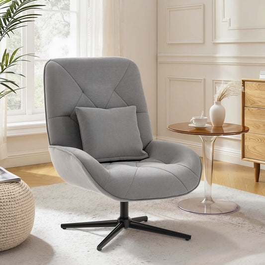 HOMCOM Accent Chair, Chenille Upholstered Swivel Armchair with Lumbar Pillow, High Back, Deep Seat and Metal Legs, Light Grey | Luxury Home Accessories | Heulog Glow