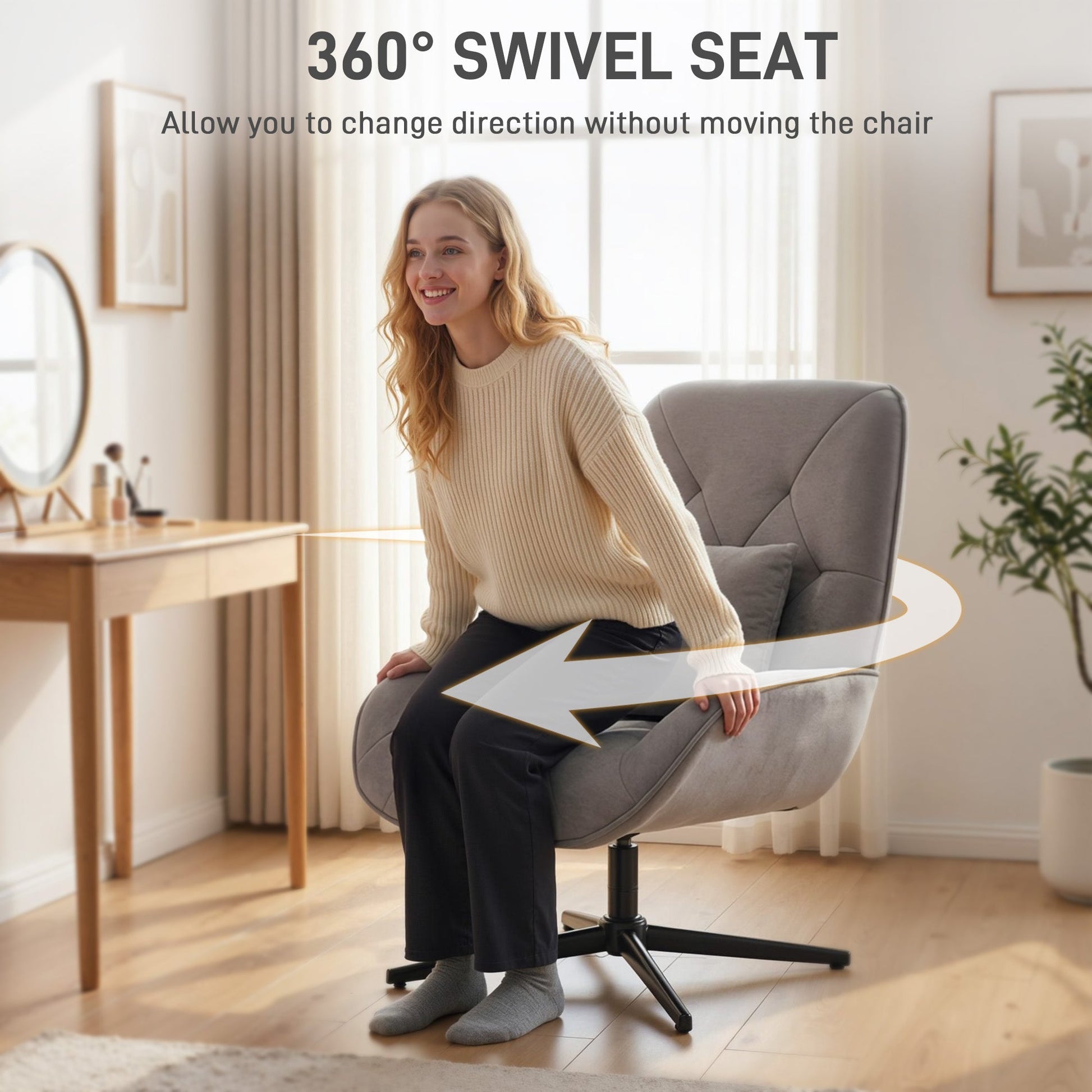 HOMCOM Accent Chair, Chenille Upholstered Swivel Armchair with Lumbar Pillow, High Back, Deep Seat and Metal Legs, Light Grey | Luxury Home Accessories | Heulog Glow