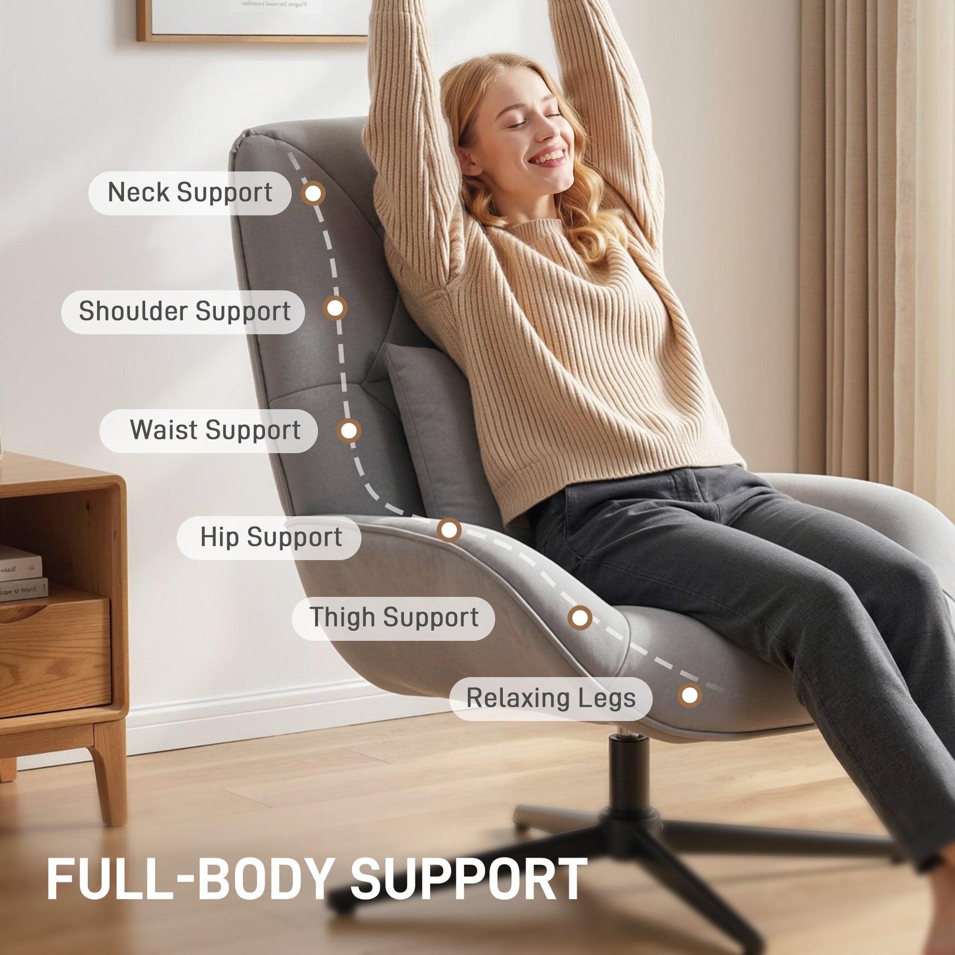 HOMCOM Accent Chair, Chenille Upholstered Swivel Armchair with Lumbar Pillow, High Back, Deep Seat and Metal Legs, Light Grey | Luxury Home Accessories | Heulog Glow
