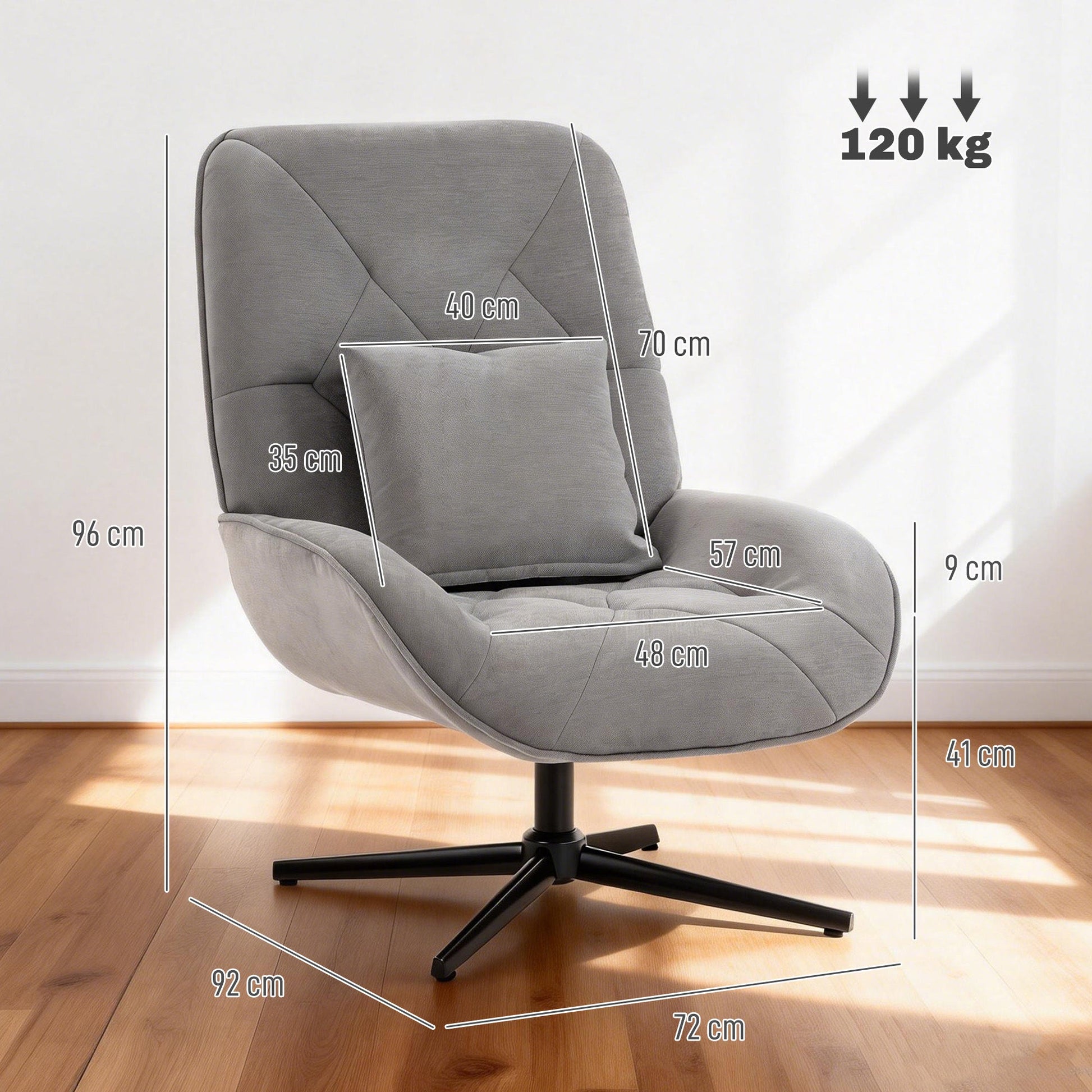 HOMCOM Accent Chair, Chenille Upholstered Swivel Armchair with Lumbar Pillow, High Back, Deep Seat and Metal Legs, Light Grey | Luxury Home Accessories | Heulog Glow