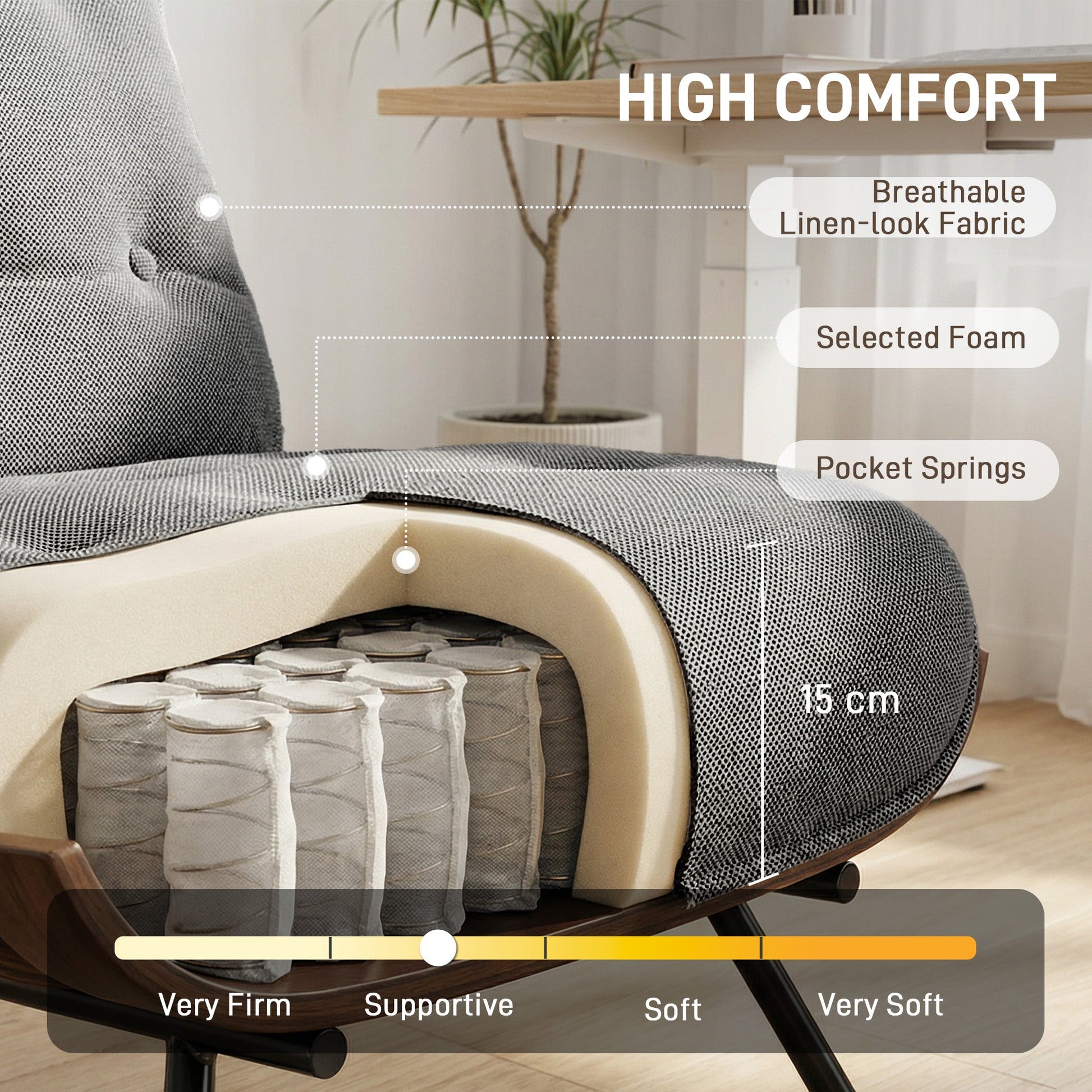 HOMCOM Accent Chair, Linen-look Fabric Reading Chair with Spring Cushion, Slatted Support, Steel Frame, Dark Grey | Luxury Home Accessories | Heulog Glow