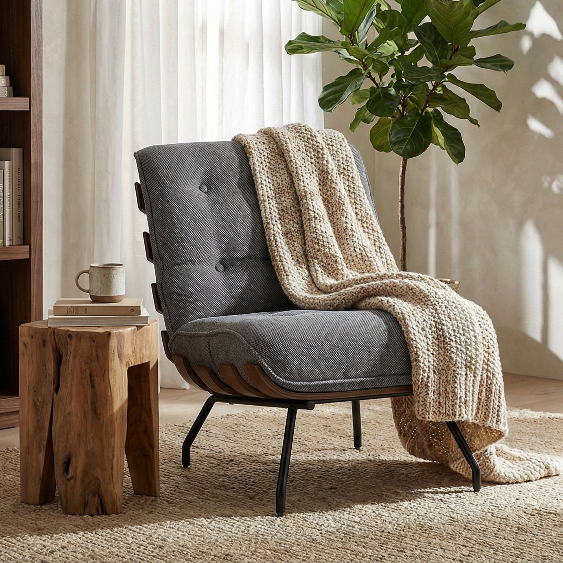 HOMCOM Accent Chair, Linen-look Fabric Reading Chair with Spring Cushion, Slatted Support, Steel Frame, Dark Grey | Luxury Home Accessories | Heulog Glow
