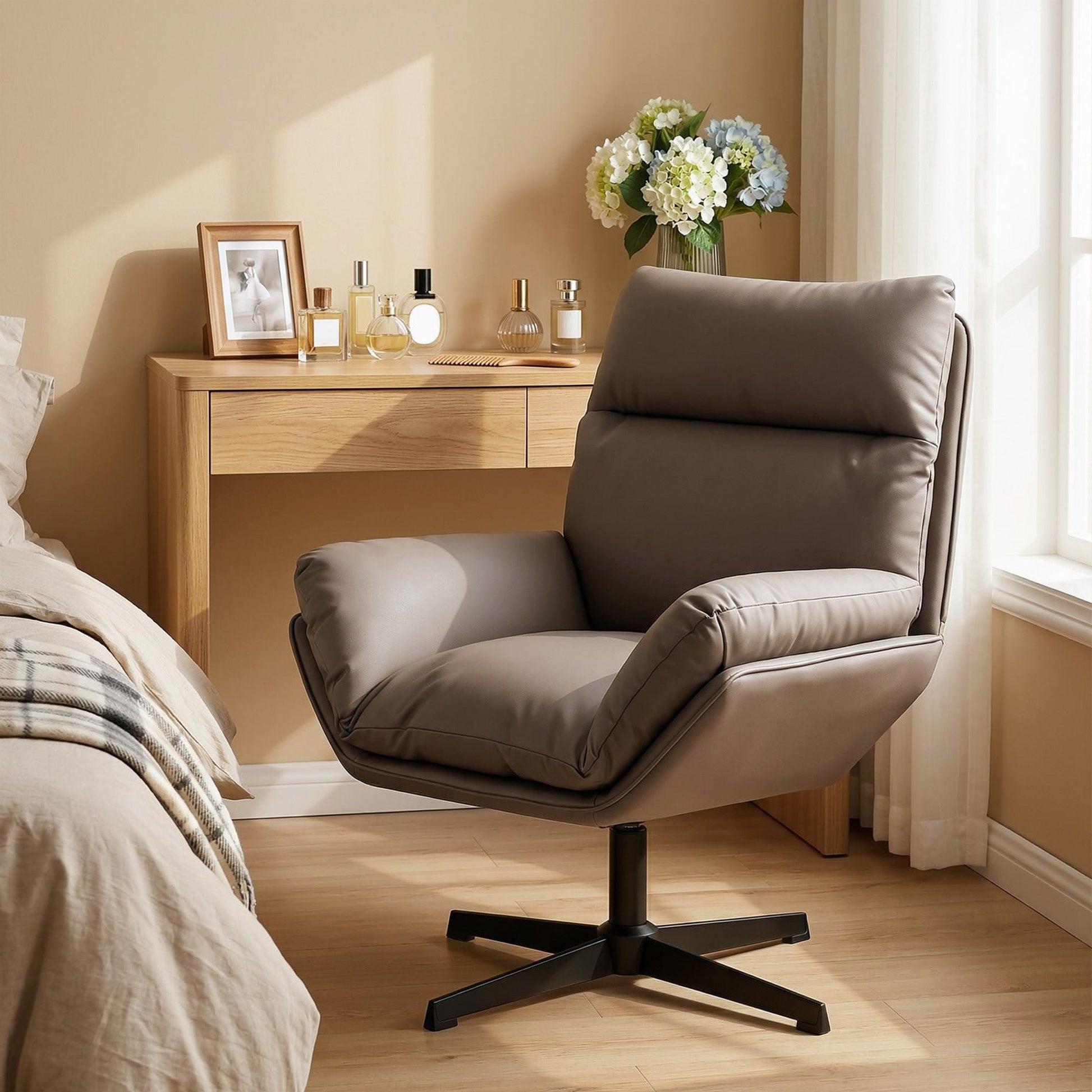 HOMCOM Accent Chair with 360 Swivel Armchair for Living Room with Padded Cushion Dark Brown | Luxury Home Accessories | Heulog Glow