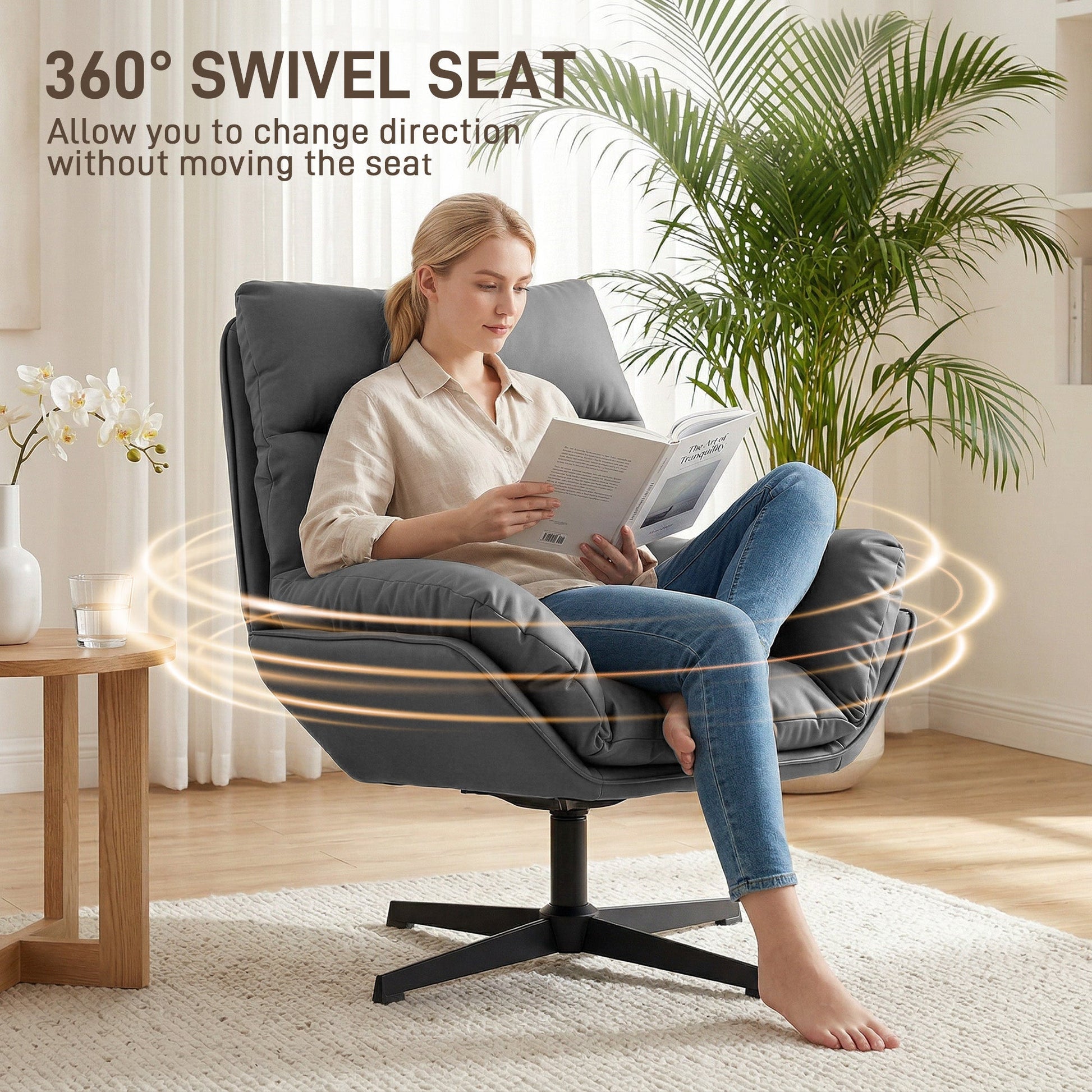 HOMCOM Accent Chair with 360 Swivel Armchair for Living Room with Padded Cushion Dark Grey | Luxury Home Accessories | Heulog Glow