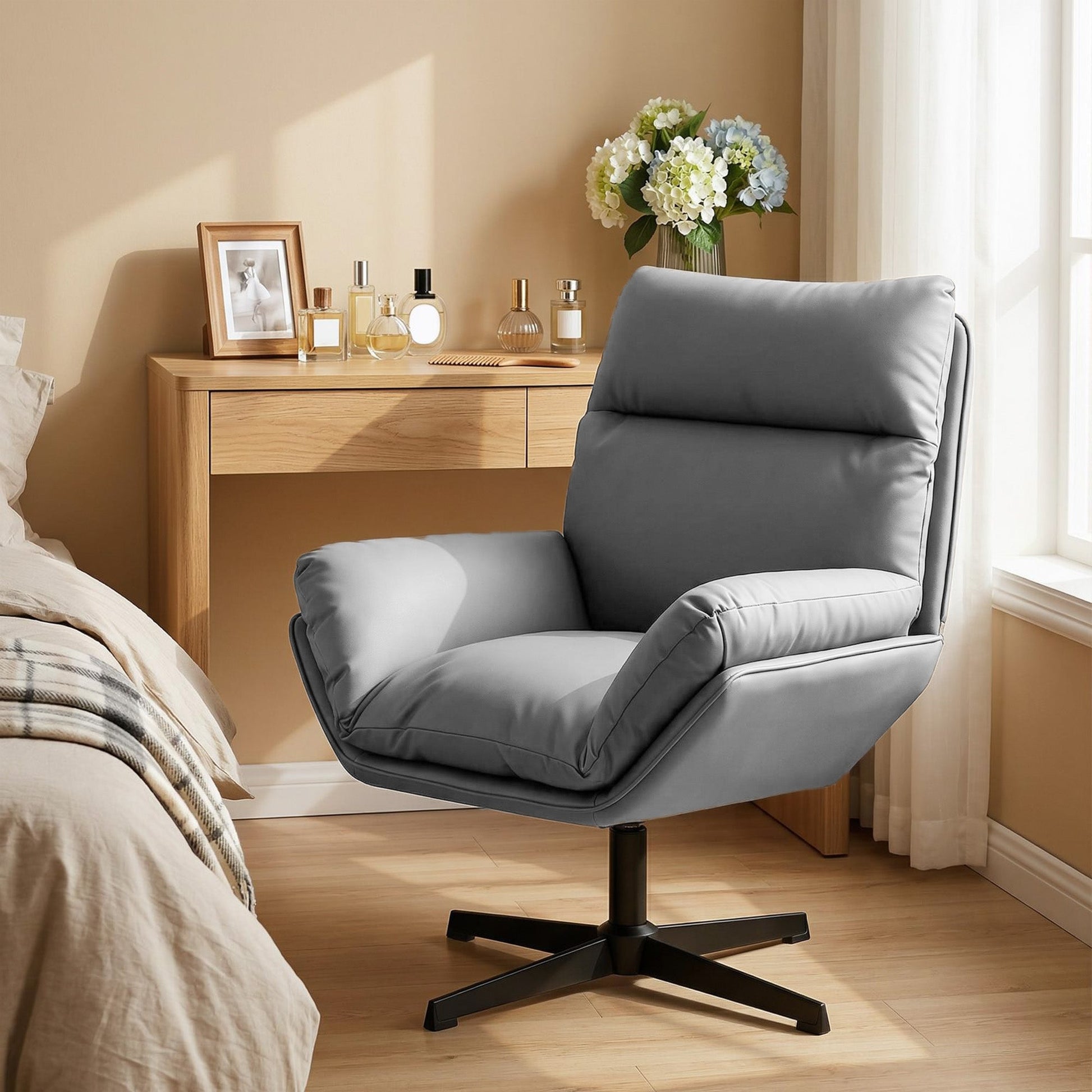 HOMCOM Accent Chair with 360 Swivel Armchair for Living Room with Padded Cushion Dark Grey | Luxury Home Accessories | Heulog Glow
