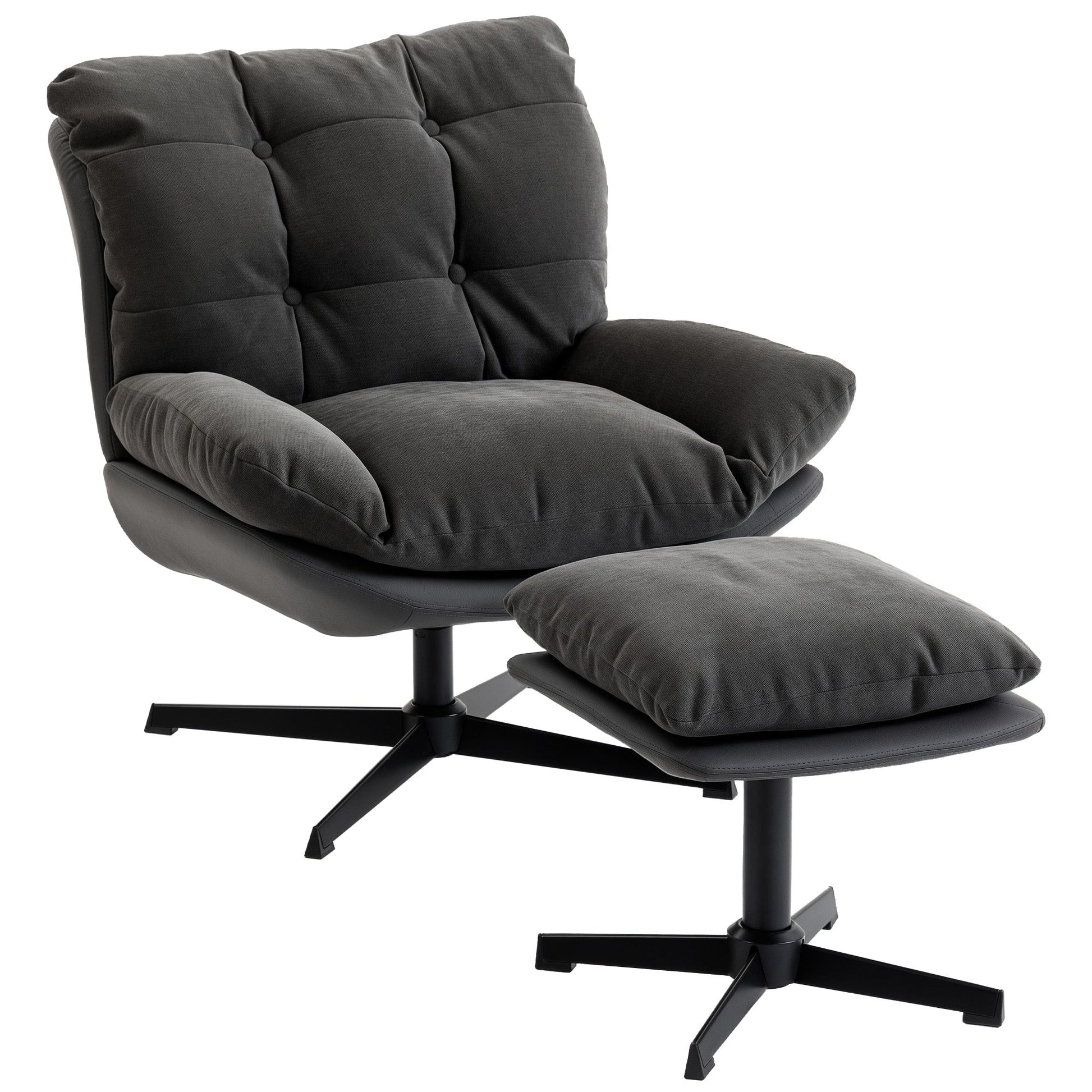 HOMCOM Accent Chair with Footstool, Swivel Lounge Chair with Chenille Upholstery, Metal Base, Dark Grey | Luxury Home Accessories | Heulog Glow