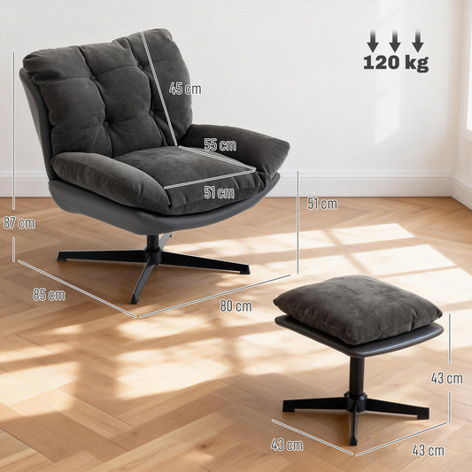 HOMCOM Accent Chair with Footstool, Swivel Lounge Chair with Chenille Upholstery, Metal Base, Dark Grey | Luxury Home Accessories | Heulog Glow