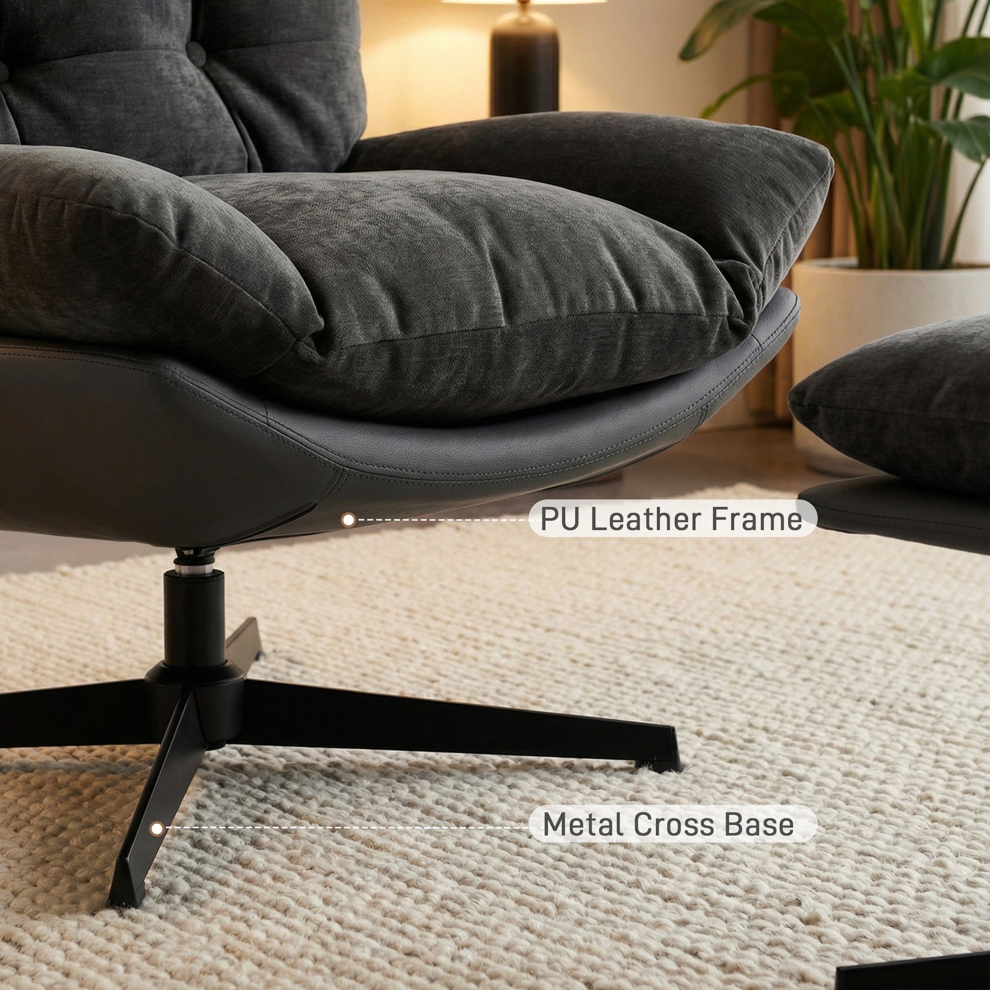HOMCOM Accent Chair with Footstool, Swivel Lounge Chair with Chenille Upholstery, Metal Base, Dark Grey | Luxury Home Accessories | Heulog Glow
