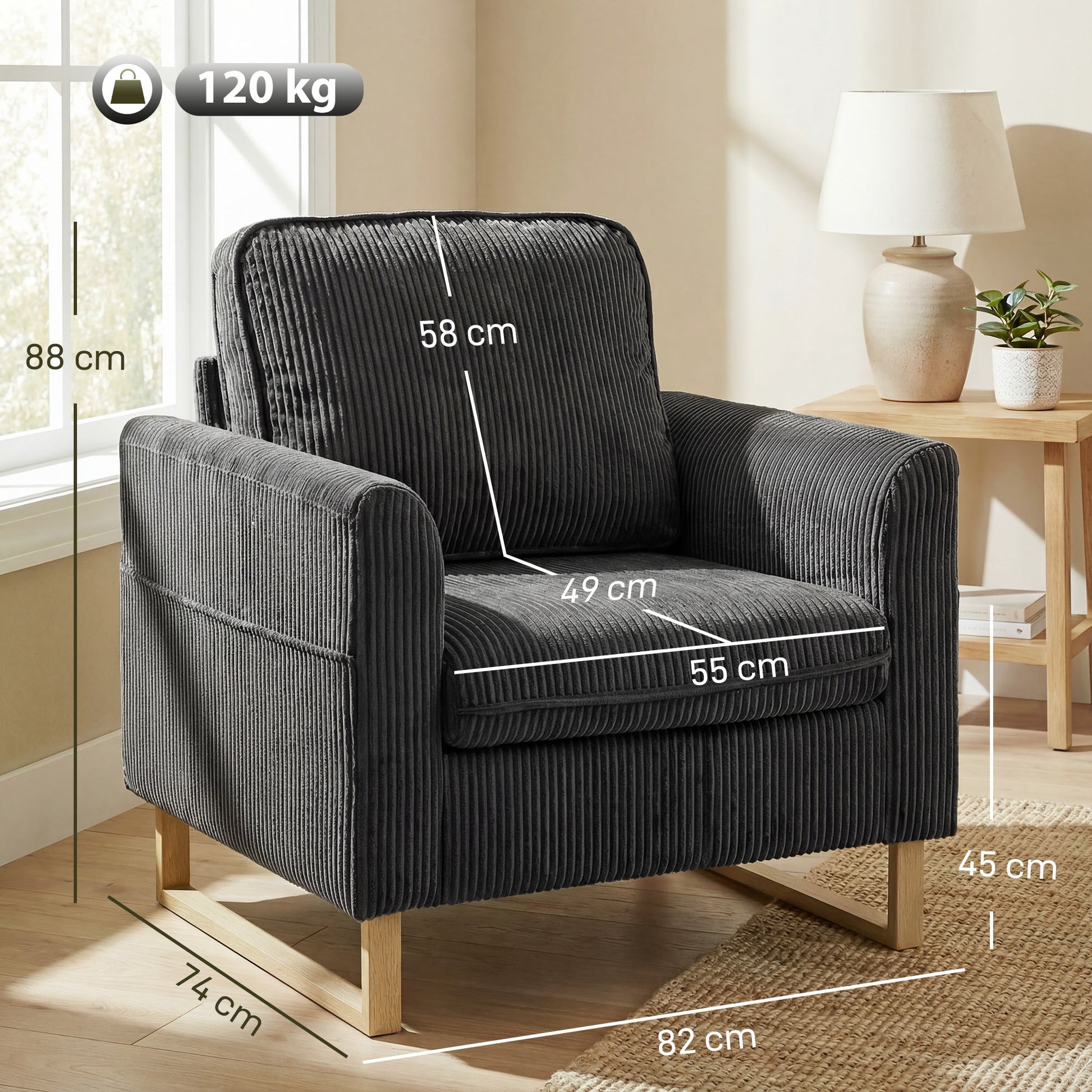 HOMCOM Accent Chair with Pocket Spring, Modern Industrial Armchair with Metal Legs for Livingroom Dark Grey | Luxury Home Accessories | Heulog Glow