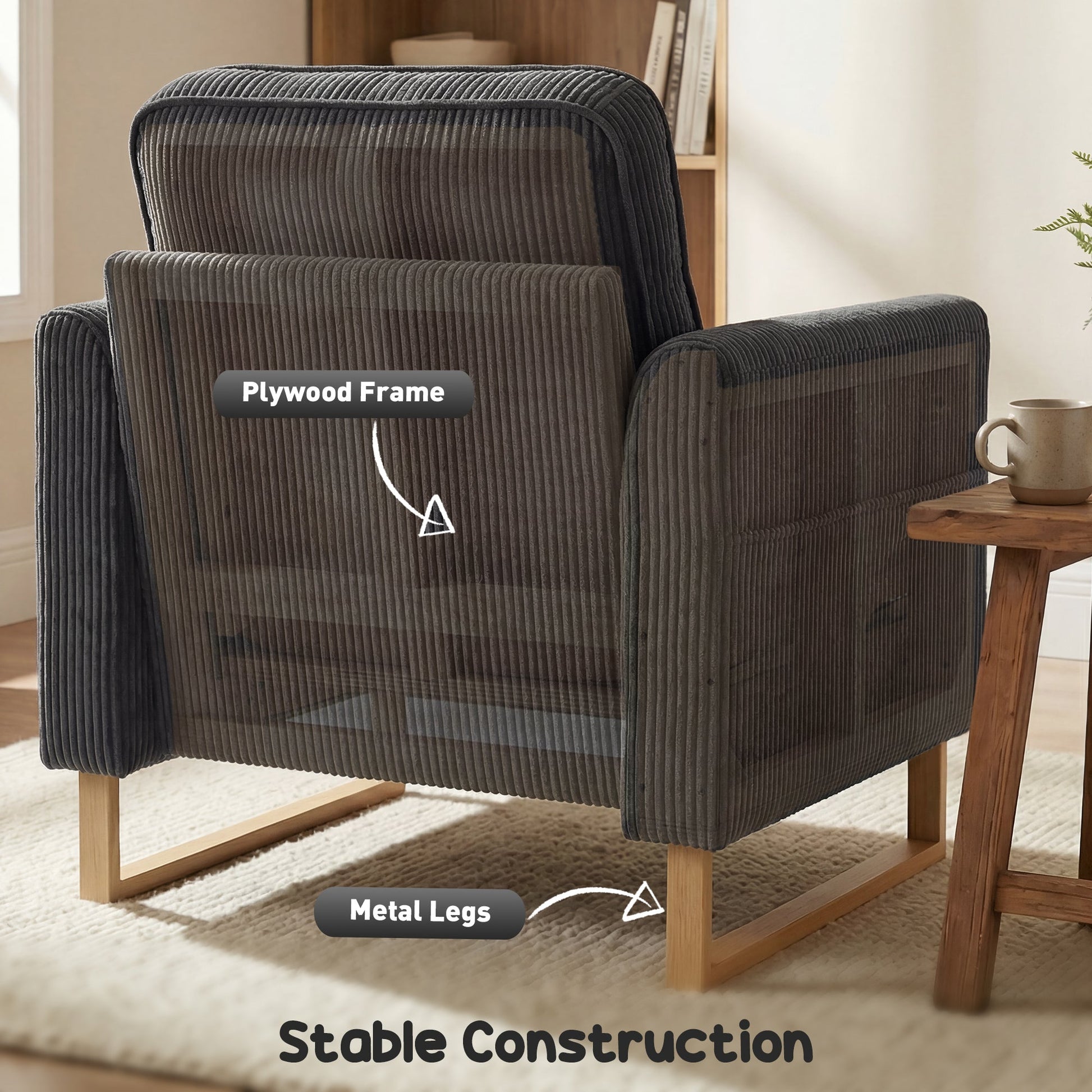 HOMCOM Accent Chair with Pocket Spring, Modern Industrial Armchair with Metal Legs for Livingroom Dark Grey | Luxury Home Accessories | Heulog Glow