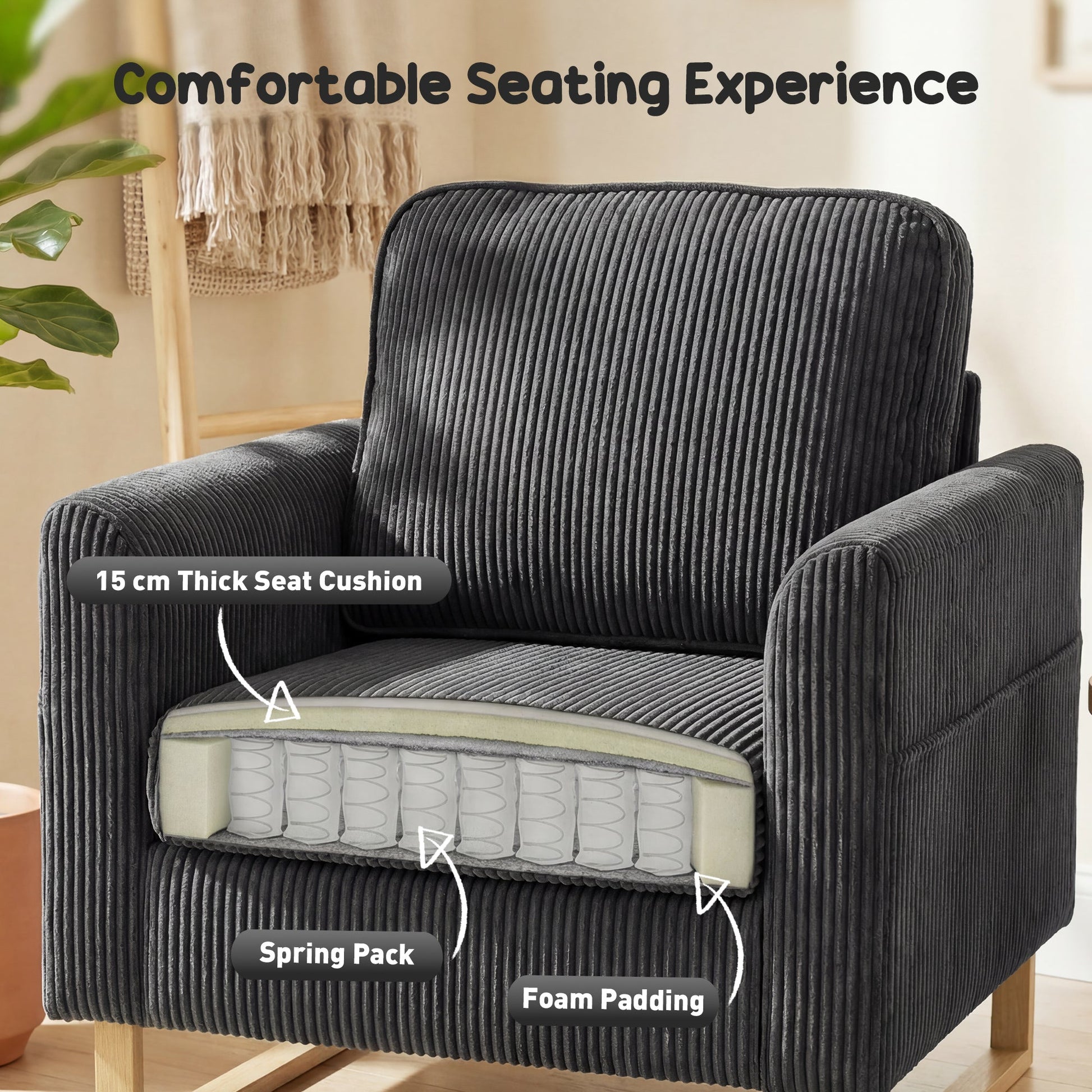 HOMCOM Accent Chair with Pocket Spring, Modern Industrial Armchair with Metal Legs for Livingroom Dark Grey | Luxury Home Accessories | Heulog Glow