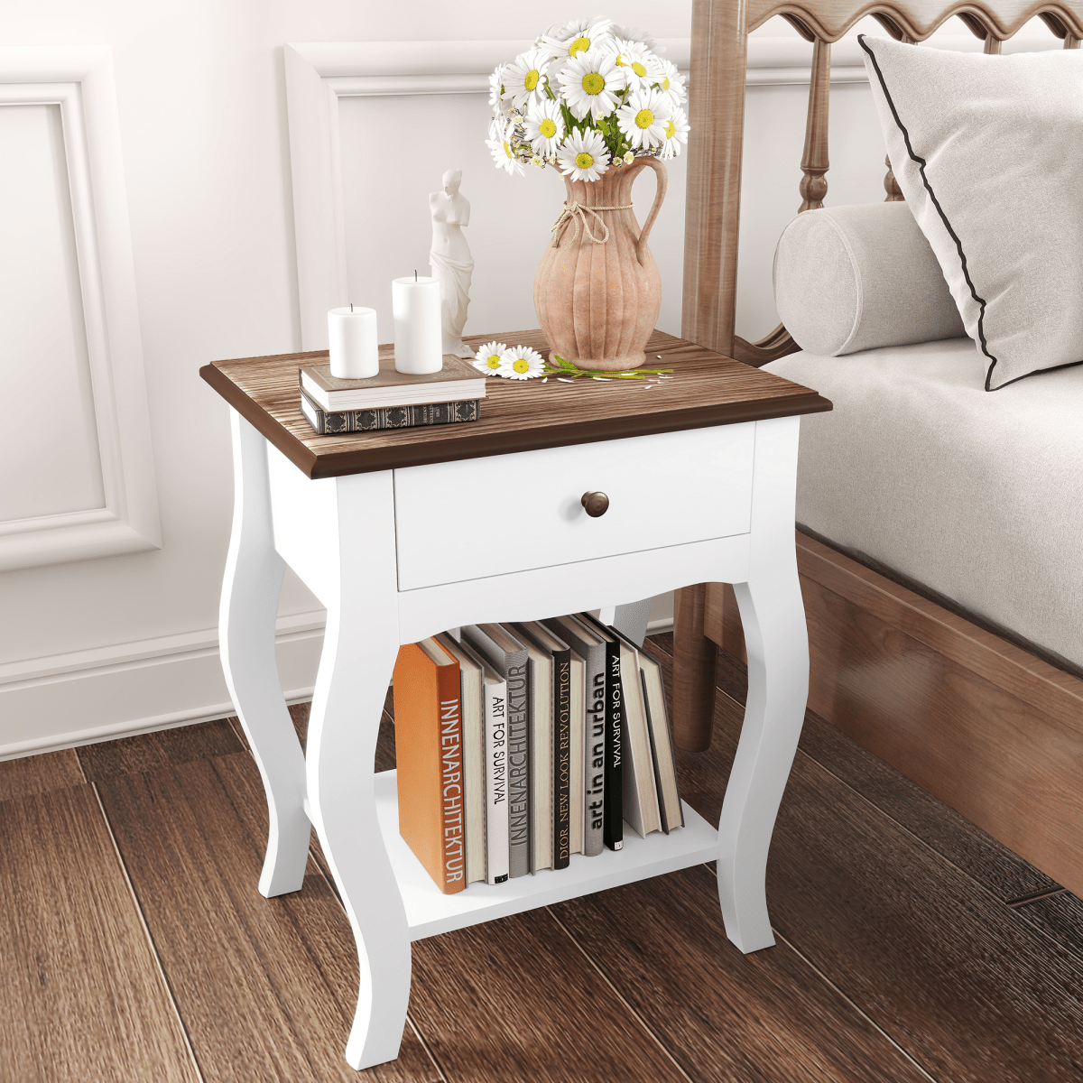HOMCOM Bedside Tables Set of 2, Bedside Cabinets with Drawer, Shelf, White | Luxury Home Accessories | Heulog Glow