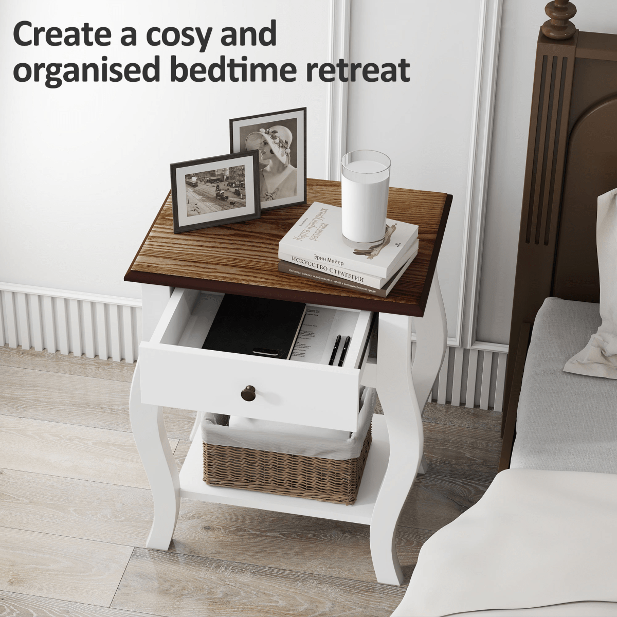 HOMCOM Bedside Tables Set of 2, Bedside Cabinets with Drawer, Shelf, White | Luxury Home Accessories | Heulog Glow