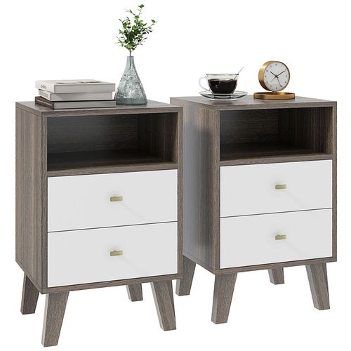 HOMCOM Bedside Tables Set of 2, Modern Nightstand with 2 Drawers and Open Cubby | Luxury Home Accessories | Heulog Glow