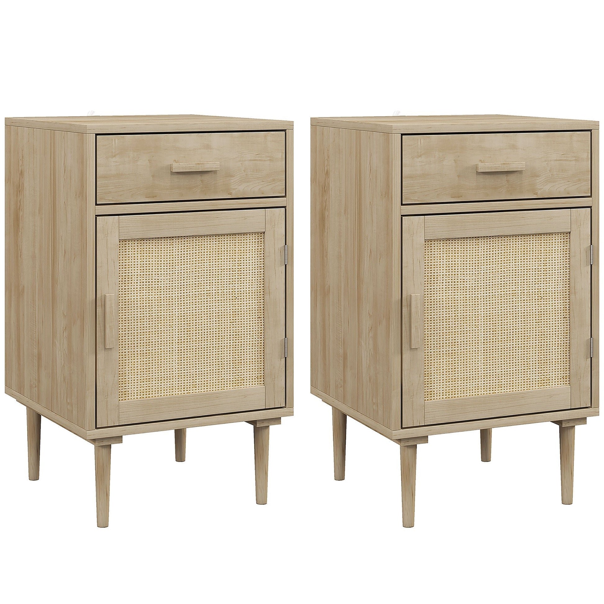 HOMCOM Bedside Tables Set of 2, Rattan Side Tables with Drawer, Cabinet and Adjustable Shelf, Boho Bedside Cabinets with Storage for Bedroom, Living Room, Natural Wood Finish | Luxury Home Accessories | Heulog Glow
