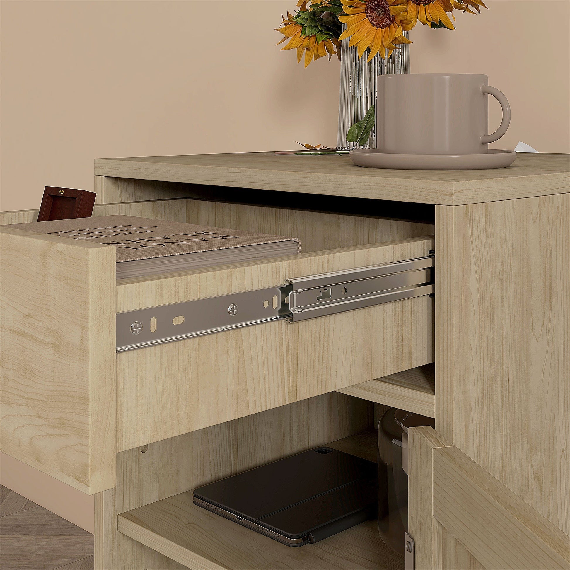 HOMCOM Bedside Tables Set of 2, Rattan Side Tables with Drawer, Cabinet and Adjustable Shelf, Boho Bedside Cabinets with Storage for Bedroom, Living Room, Natural Wood Finish | Luxury Home Accessories | Heulog Glow