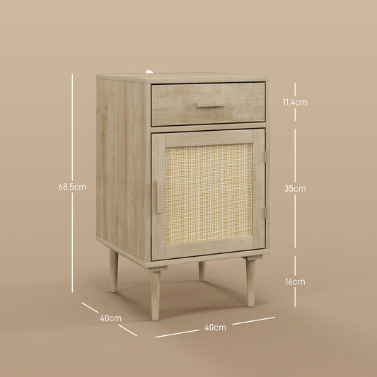 HOMCOM Bedside Tables Set of 2, Rattan Side Tables with Drawer, Cabinet and Adjustable Shelf, Boho Bedside Cabinets with Storage for Bedroom, Living Room, Natural Wood Finish | Luxury Home Accessories | Heulog Glow