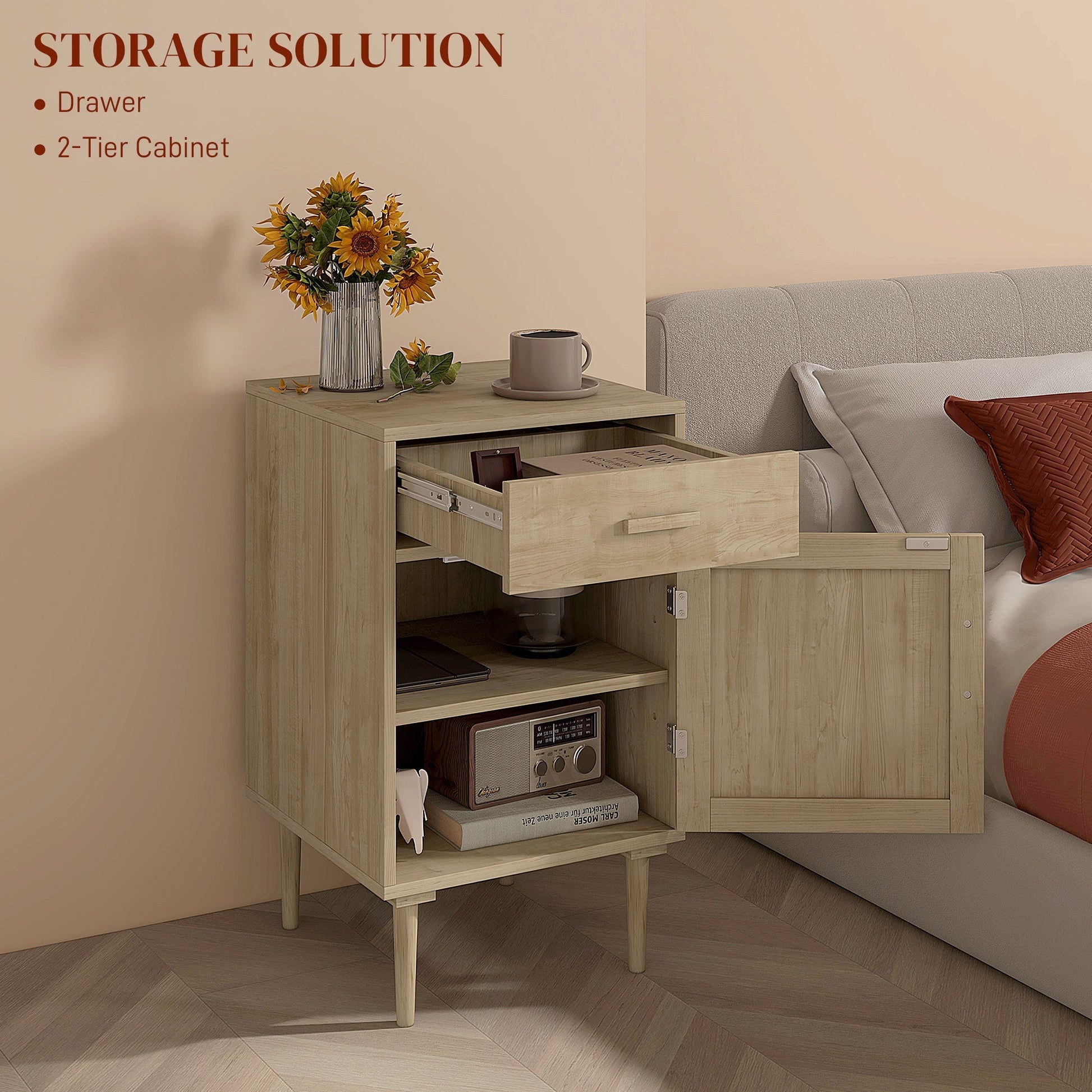 HOMCOM Bedside Tables Set of 2, Rattan Side Tables with Drawer, Cabinet and Adjustable Shelf, Boho Bedside Cabinets with Storage for Bedroom, Living Room, Natural Wood Finish | Luxury Home Accessories | Heulog Glow